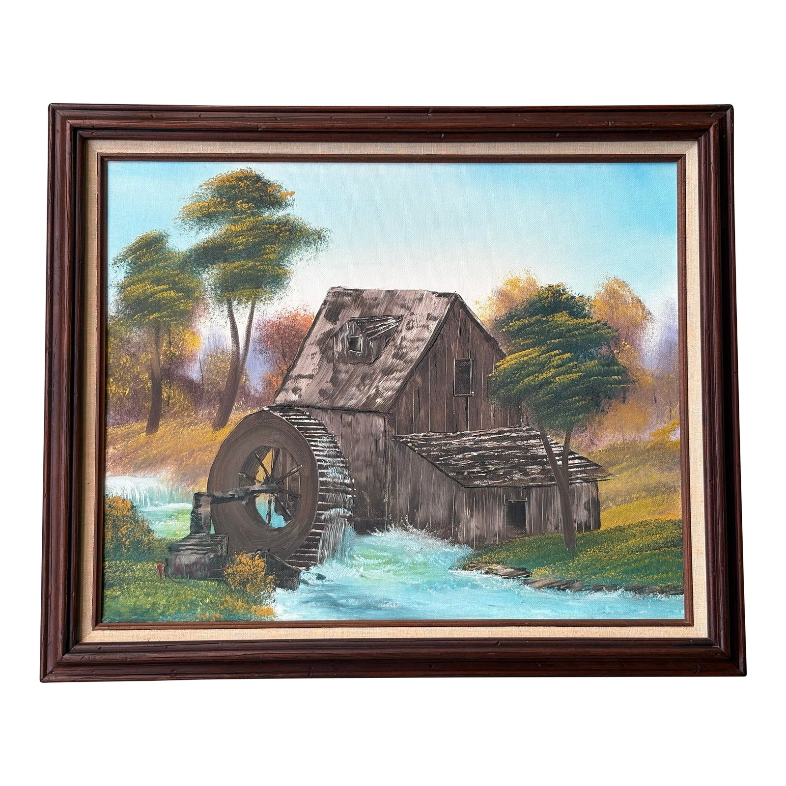 Vintage Signed Rustic Water Mill Landscape Oil Painting in Wood Frame (1 of 8)