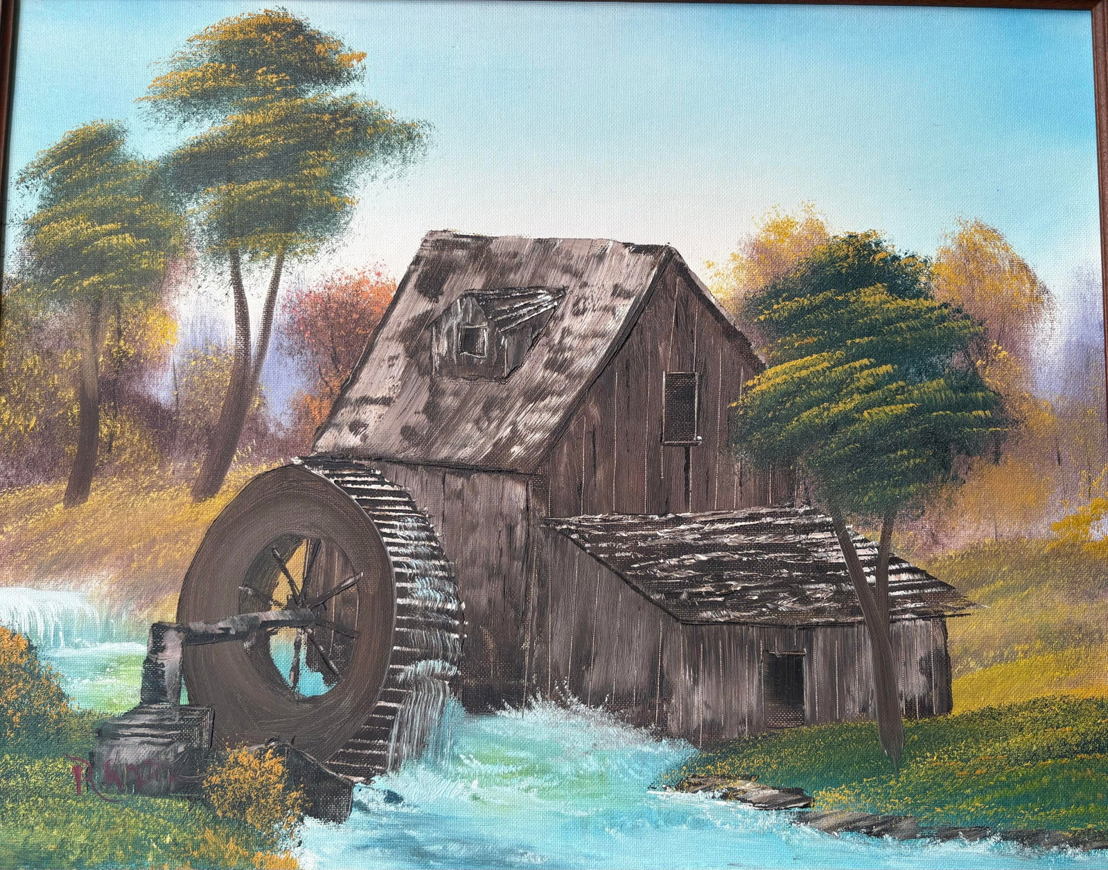 Vintage Signed Rustic Water Mill Landscape Oil Painting in Wood Frame - 2