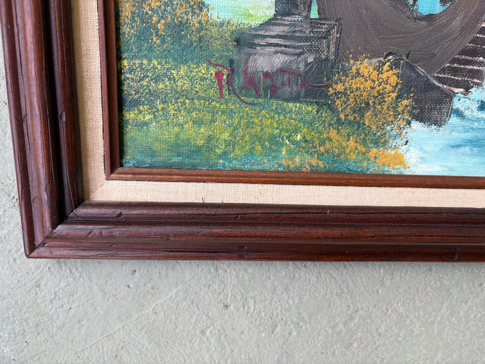 Vintage Signed Rustic Water Mill Landscape Oil Painting in Wood Frame - 5