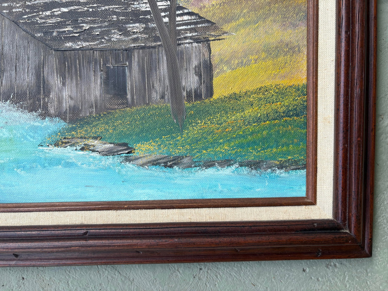 Vintage Signed Rustic Water Mill Landscape Oil Painting in Wood Frame - 6