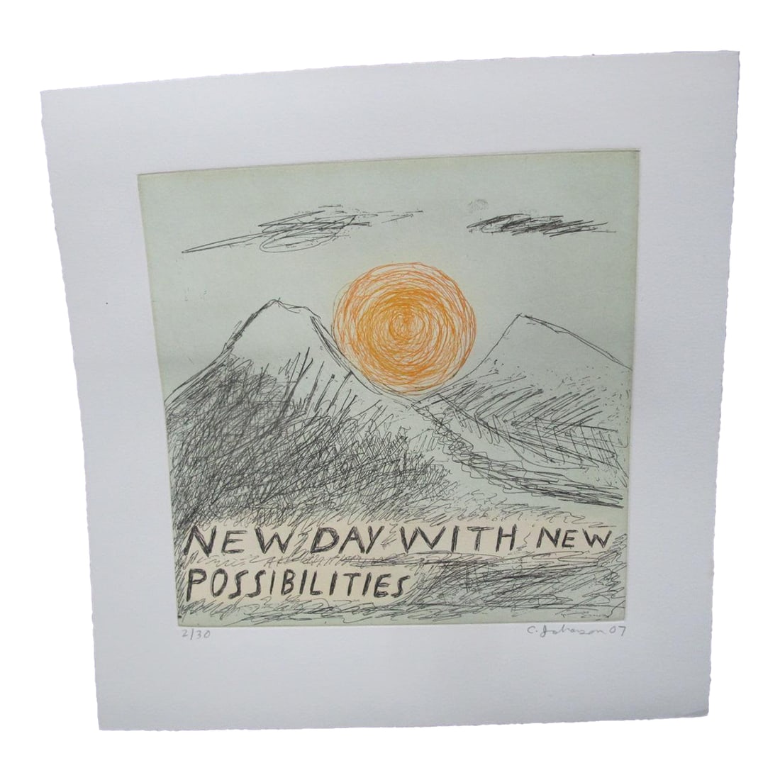 Chris Johanson Signed Limited Edition Aquatint Print Perceptions #8 New Day: Chris Johanson (1968, California) aquatint etching on thick Somerset white paper, "Perceptions #8", "New Day With New Possibilities". Also the title and cover art for the 2021 album by Sonny & the