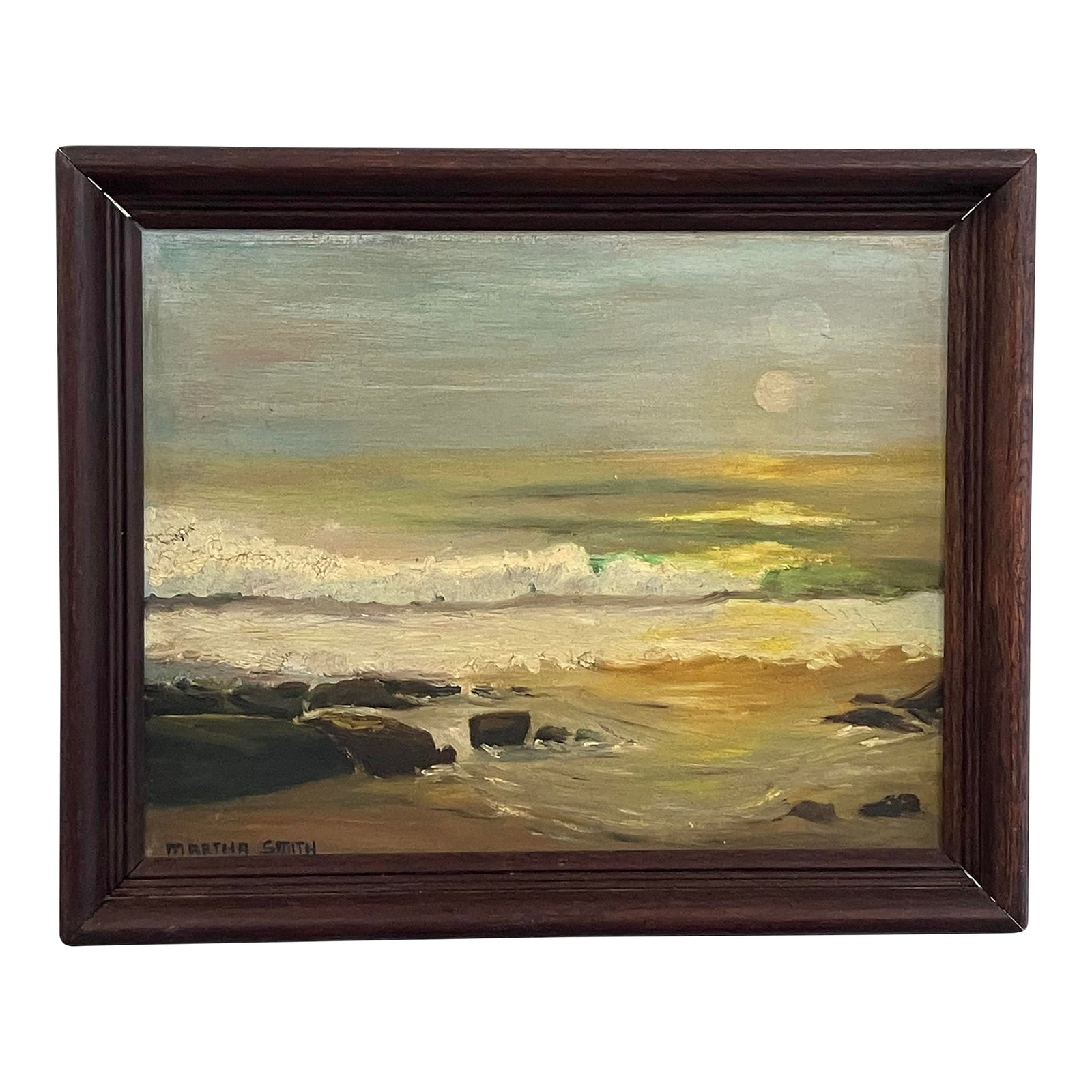Martha Smith (Signed) - Mid-20th Century Oil on Board, Framed, Coastal: An original oil painting signed by the artist Martha Smith (lower left). The work depicts a coastal scene in golden-green twilight glow, waves breaking on rocks, and two rising moons or luminous
