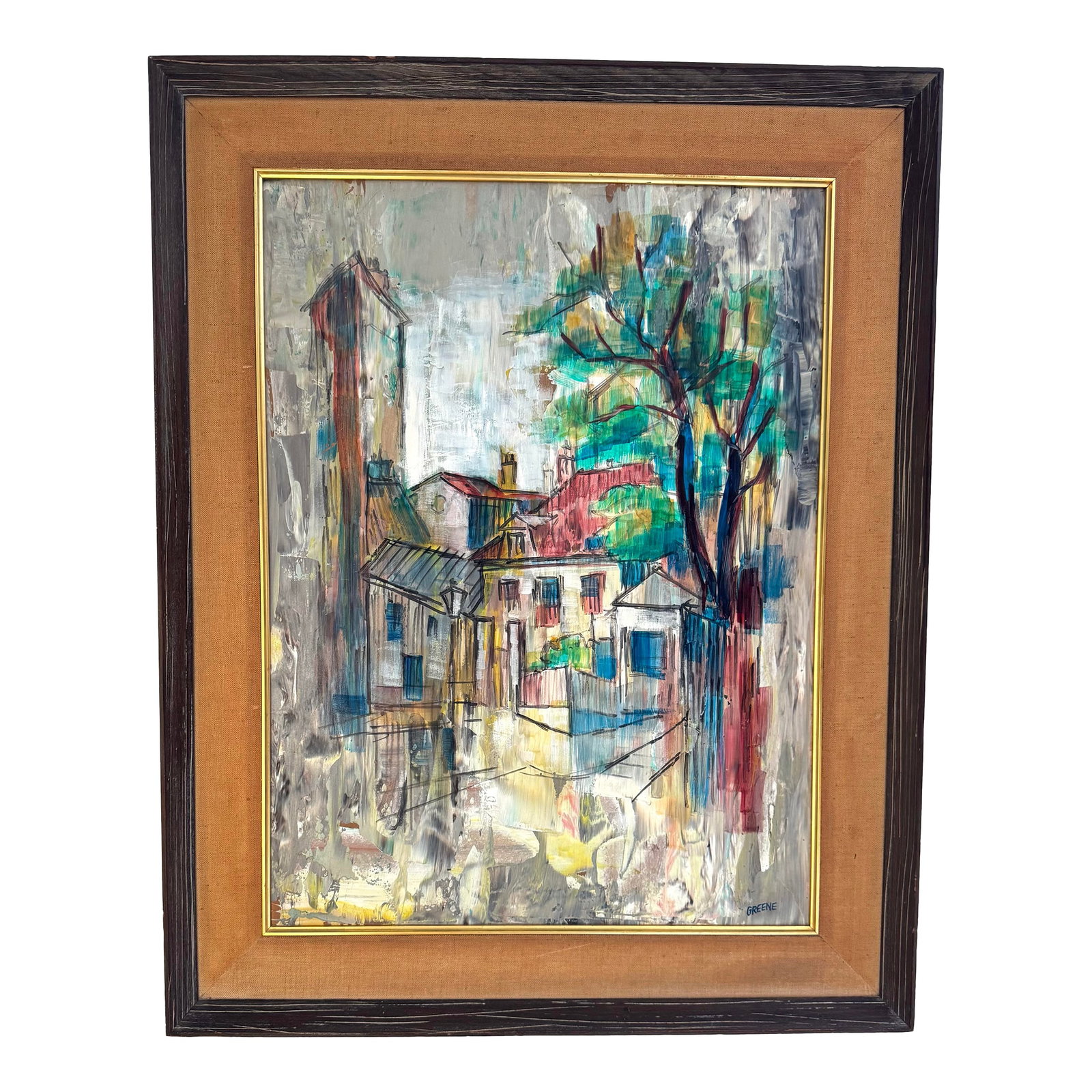 Large Mid Century Modern Oil Painting Abstract Cityscape Art Framed Signed Greene: A vibrant mid-century modern abstract urban landscape, signed Greene at the lower right. Painted on board with expressive brushwork and layered color, the composition features a cluster of buildings r