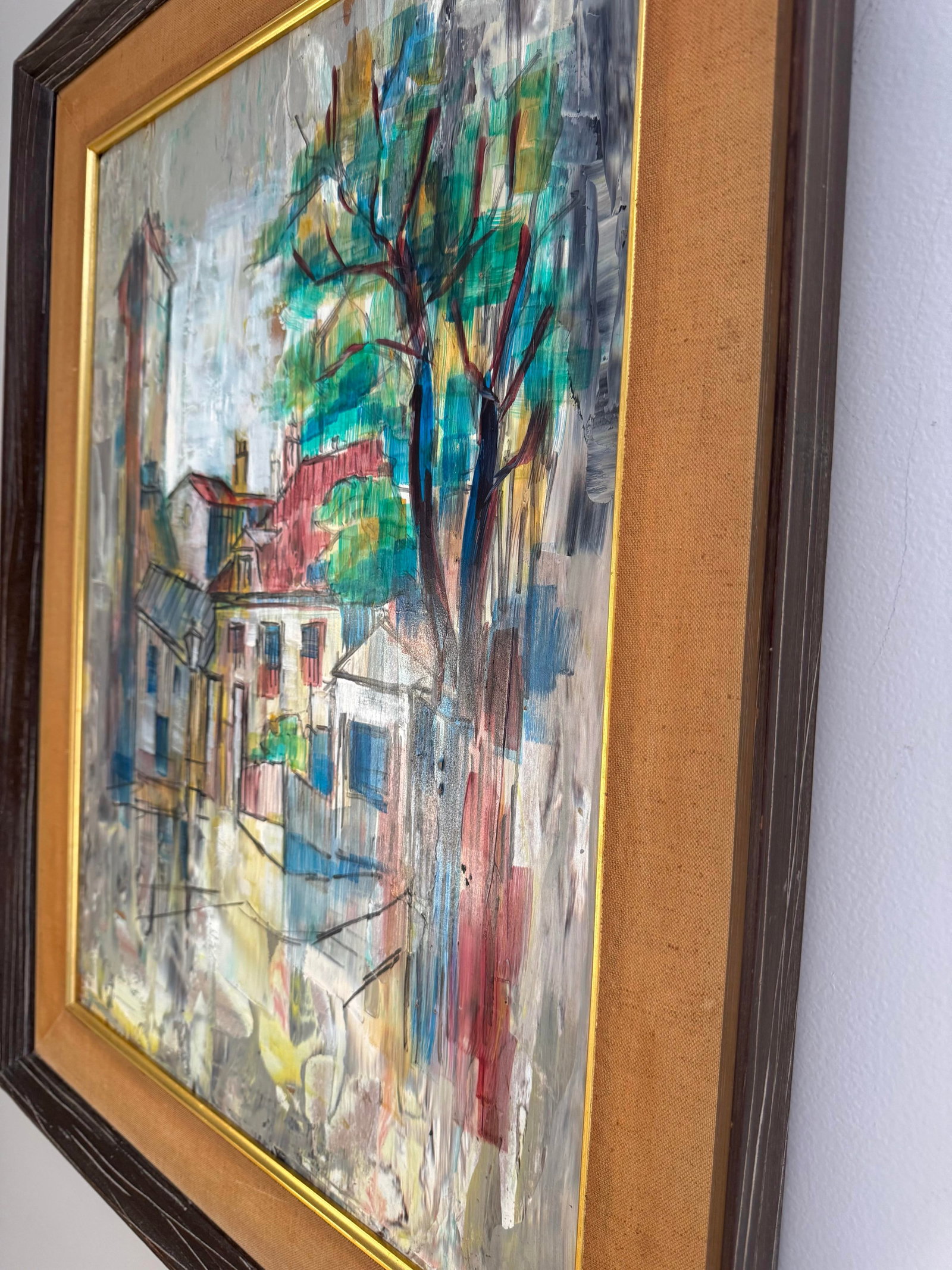 Large Mid Century Modern Oil Painting Abstract Cityscape Art Framed Signed Greene - 3