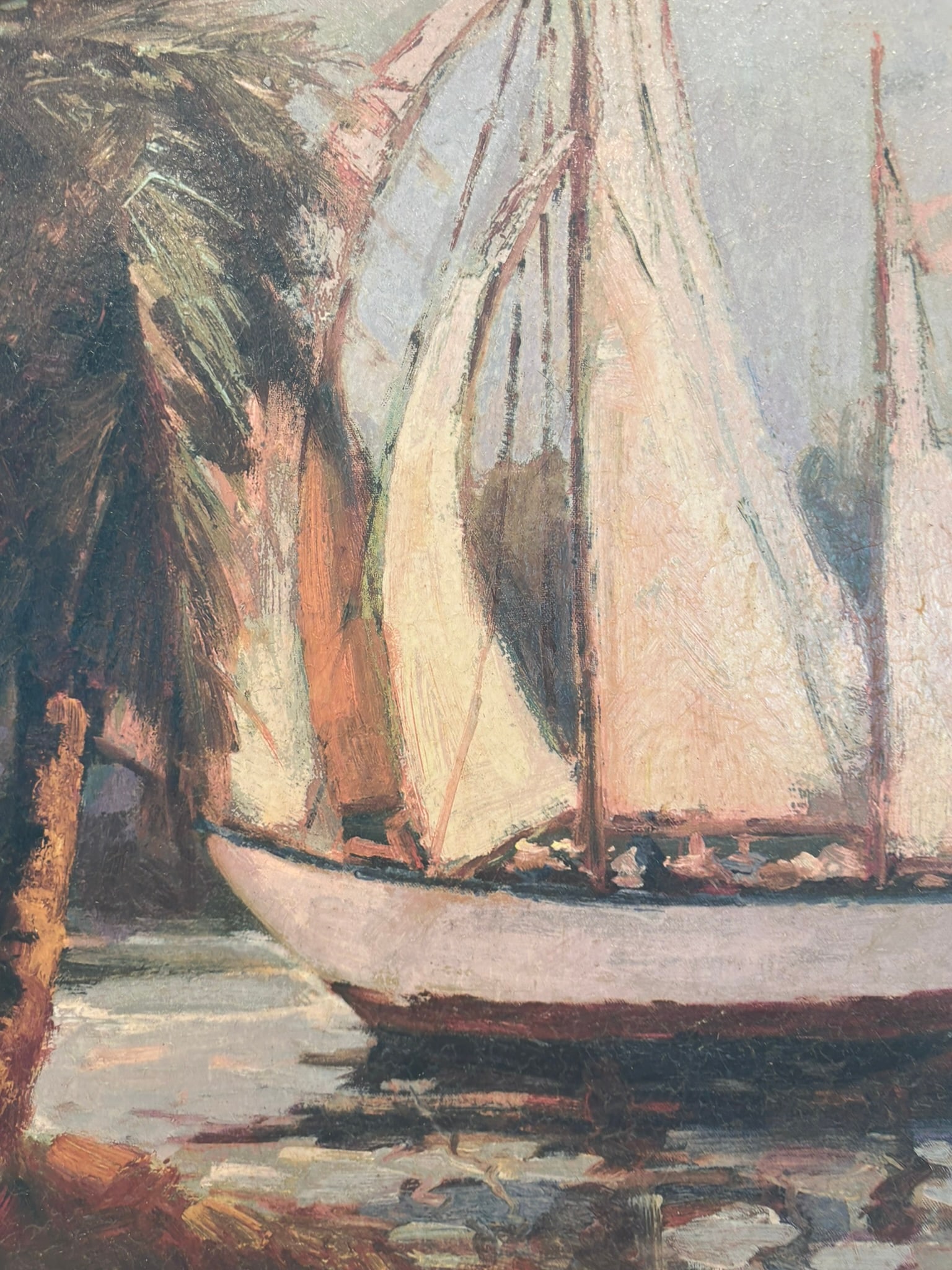Vintage Coastal Sailboat Wall Art Giclee on Board in Gilt Faux Bamboo Frame - 11