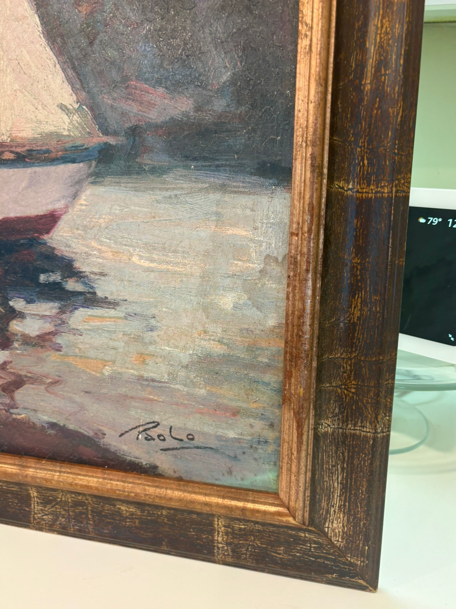 Vintage Coastal Sailboat Wall Art Giclee on Board in Gilt Faux Bamboo Frame - 12