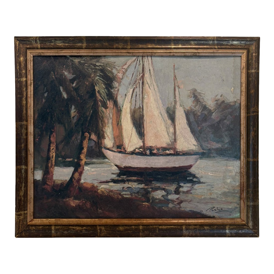 Vintage Coastal Sailboat Wall Art Giclee on Board in Gilt Faux Bamboo Frame: Vintage Coastal Sailboat Wall Art Giclee On Board In Gilt Faux Bamboo Frame A moody, painterly coastal sailboat scene with palms and reflective water framed and ready to hang for an instant beach