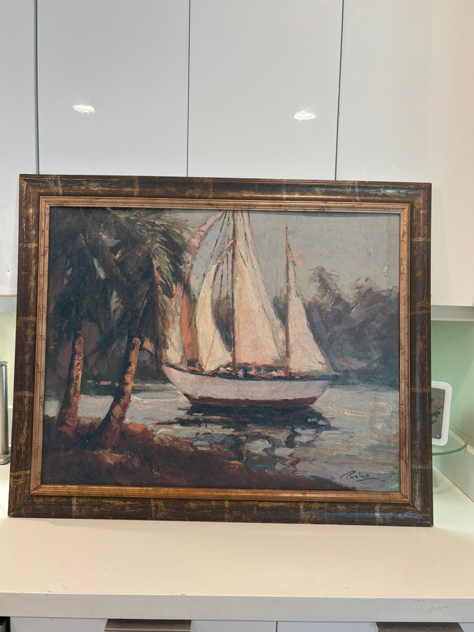 Vintage Coastal Sailboat Wall Art Giclee on Board in Gilt Faux Bamboo Frame - 2