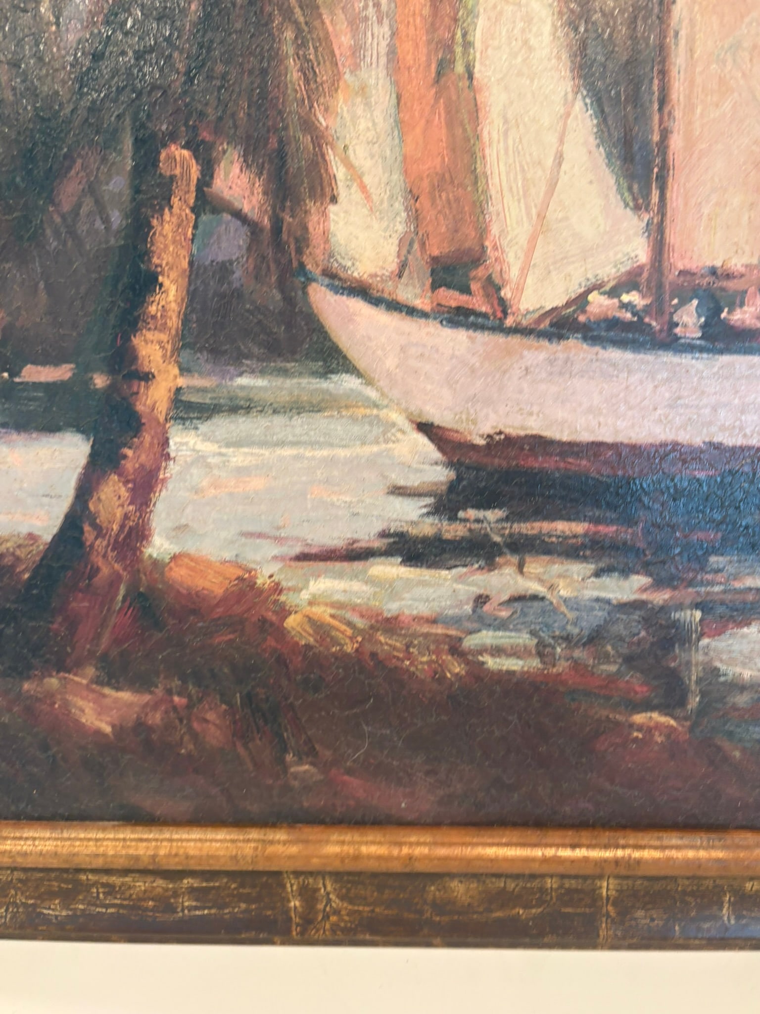 Vintage Coastal Sailboat Wall Art Giclee on Board in Gilt Faux Bamboo Frame - 7