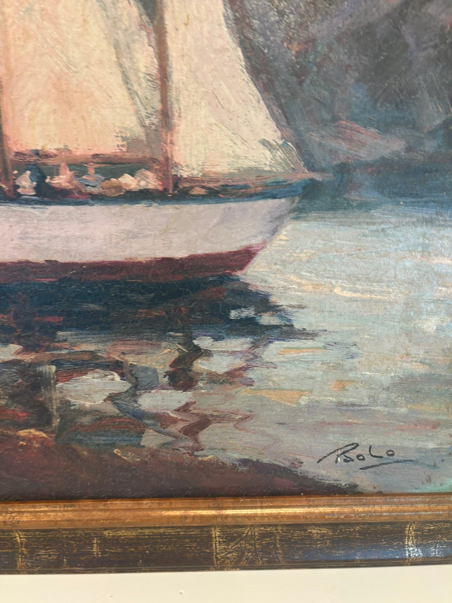 Vintage Coastal Sailboat Wall Art Giclee on Board in Gilt Faux Bamboo Frame - 8