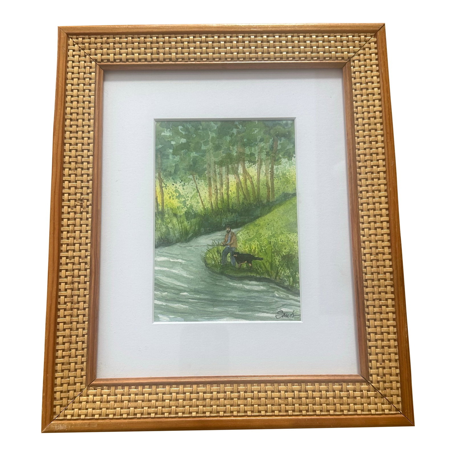 "Quiet Crossing" Framed Signed Original Watercolor by Nancy Smith: Original watercolor depicting a tranquil woodland stream with a solitary figure and dog paused along the riverbank. Soft greens and filtered light create a peaceful, pastoral atmosphere. Framed in a w