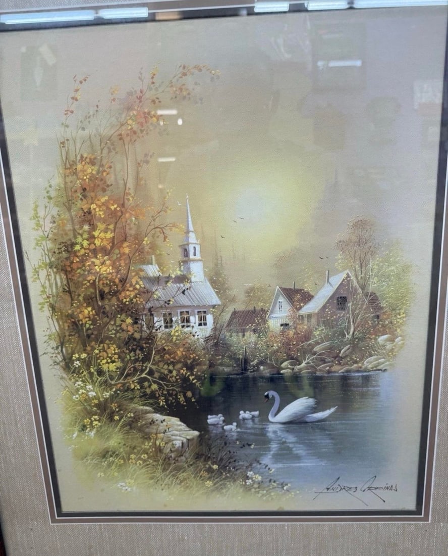1970s Art Andres Orpinas Signed Painting Church Pond Swan With Frame - 3