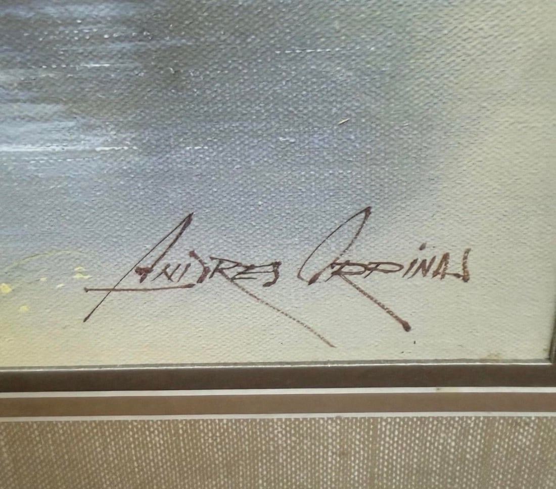1970s Art Andres Orpinas Signed Painting Church Pond Swan With Frame - 4