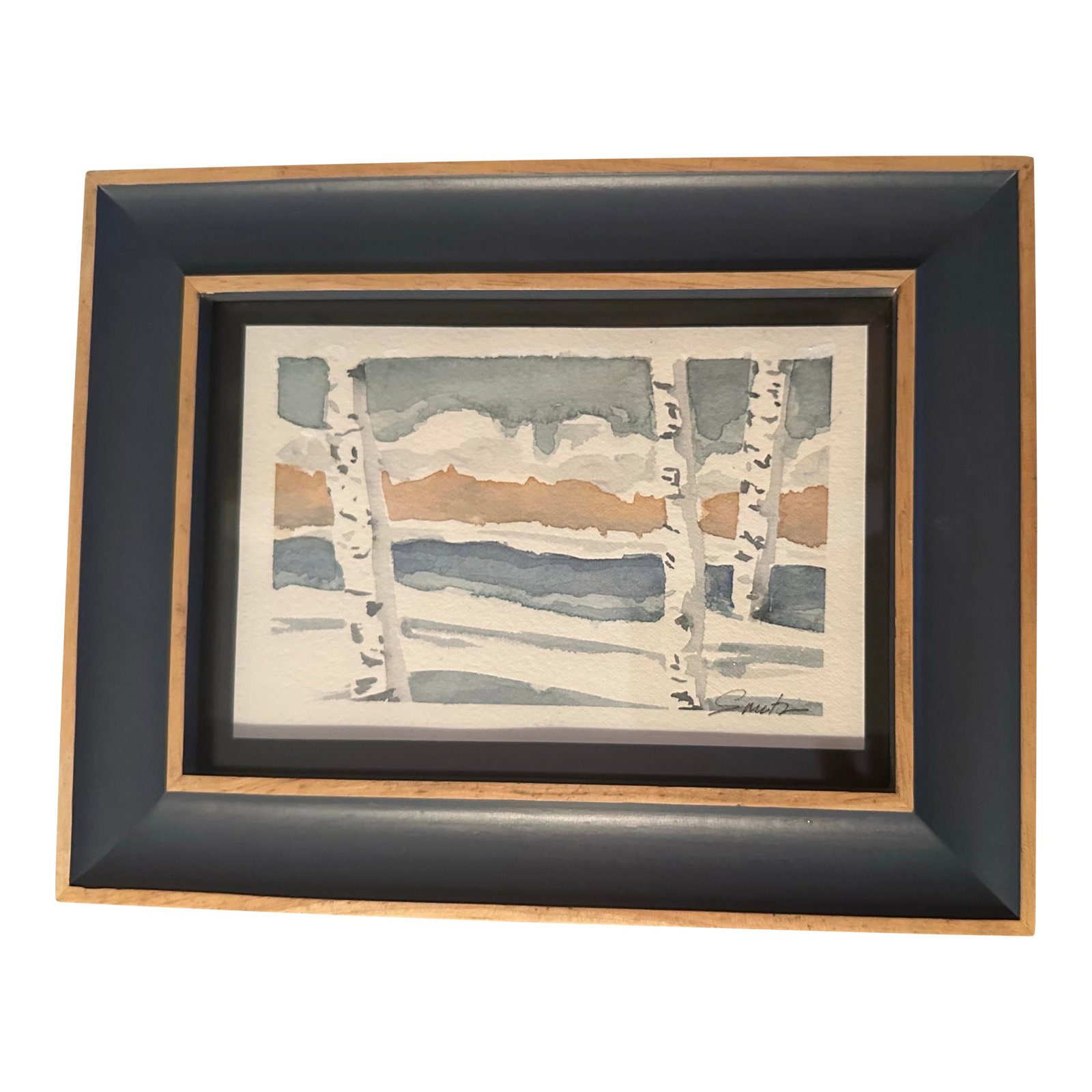 "Birch Harmony" Framed Signed Original Landscape by Nancy Smith: This modern, stylized winter scene features tall birch trees set against soft layers of icy blues, warm neutrals, and snowy whites. The abstracted shapes and clean composition give the piece a