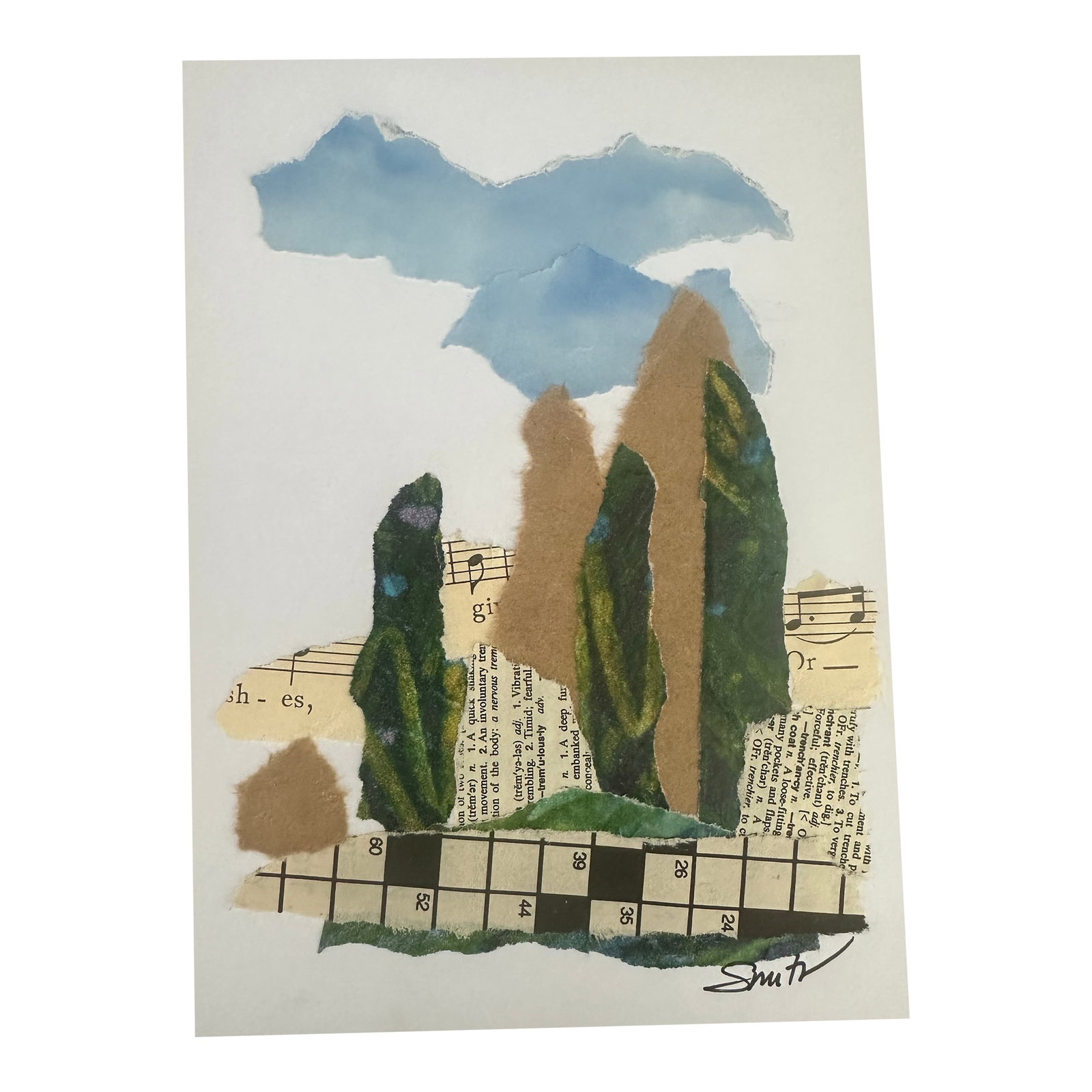 "Rising Quiet" Signed Original Collage by Nancy Smith: Vertical forms in deep greens and warm neutrals rise against a soft blue sky, creating a peaceful landscape-inspired abstraction. Vintage paper elements and musical notes anchor the composition with