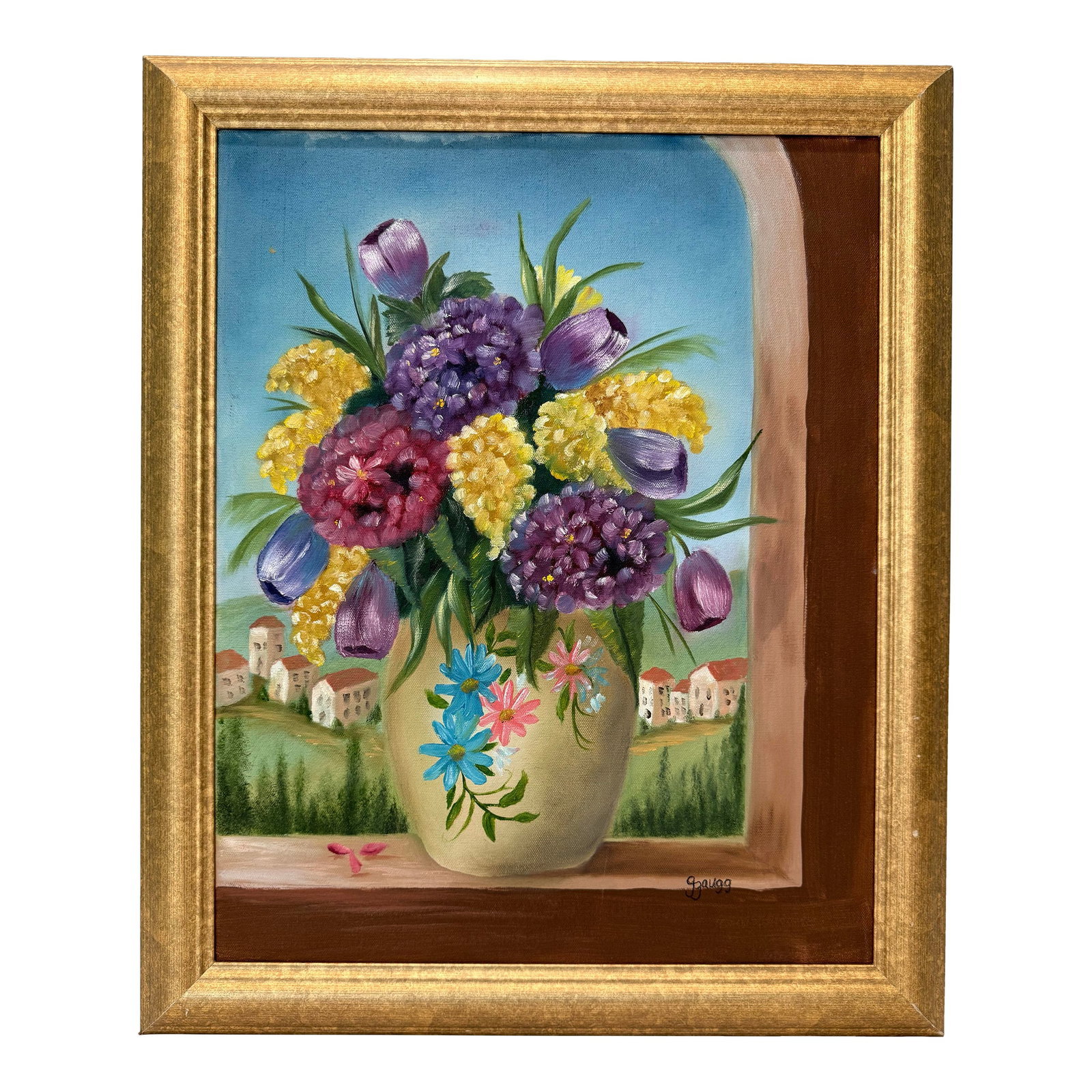 Vintage Still Life Oil Painting in Gold Frame - Signed by Artist: A charming vintage floral still life oil painting signed Gzaugg, depicting a lush bouquet of colorful flowers in a hand-painted vase set within an arched window overlooking a serene hillside village.