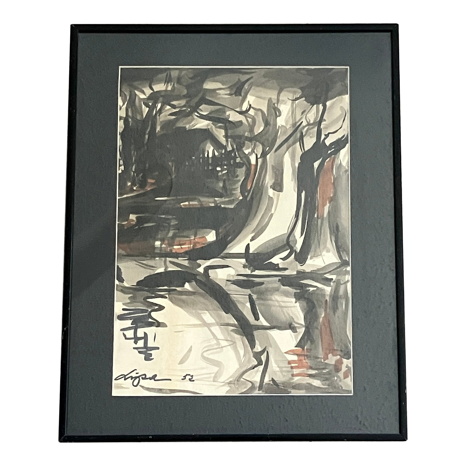 Lipa Drojevic Original Mixed Media on Paper, Framed, Signed, Dated 52: This is a very interesting original mixed media on paper work by Lipa Drojevic. The work is signed and dated 52. It is matted and framed. The subject is an abstract landscape scene with suggested