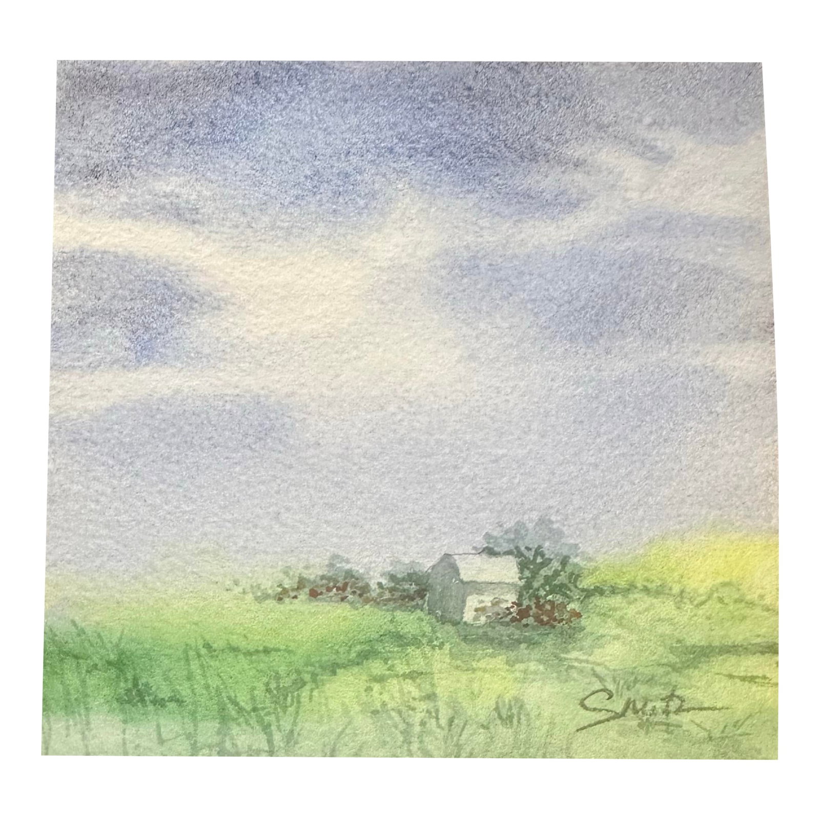 "Country Cottage at Dawn" Signed Original Miniature Landscape Watercolor: A peaceful field of green and wildflowers leads to a cozy cottage beneath a dramatic pastel sky. A charming rural scene full of softness and light. Condition: Imperfections: No Imperfections
