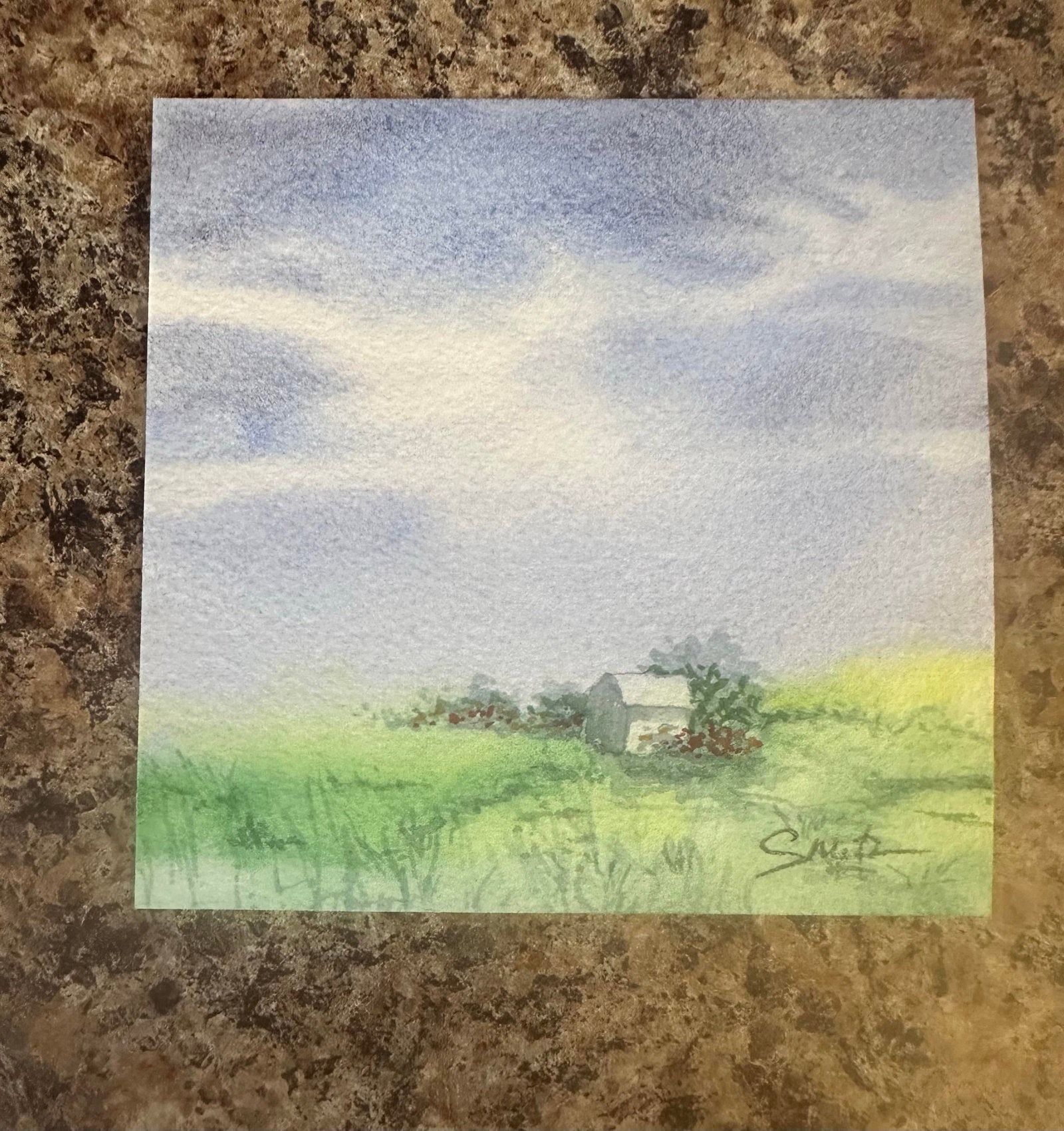 "Country Cottage at Dawn" Signed Original Miniature Landscape Watercolor - 2