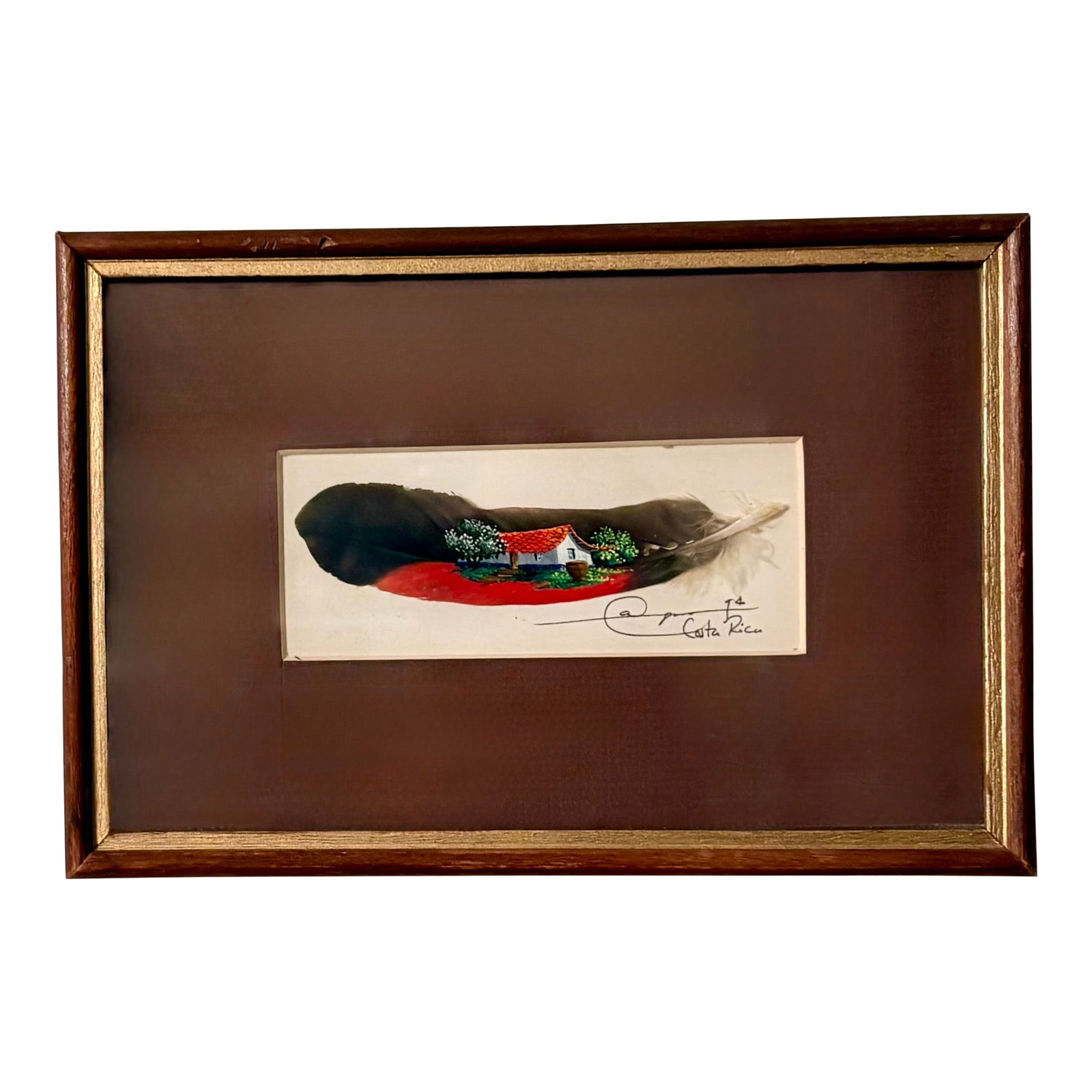 Late 20th Century Traditional Costa Rican Folk Art Painting, Signed by Artist: Truly unique to the region, this vintage Costa Rican folk art painting on a natural feather will also look fantastic in your home! This type of painting, a traditional craft from Costa Rica, often