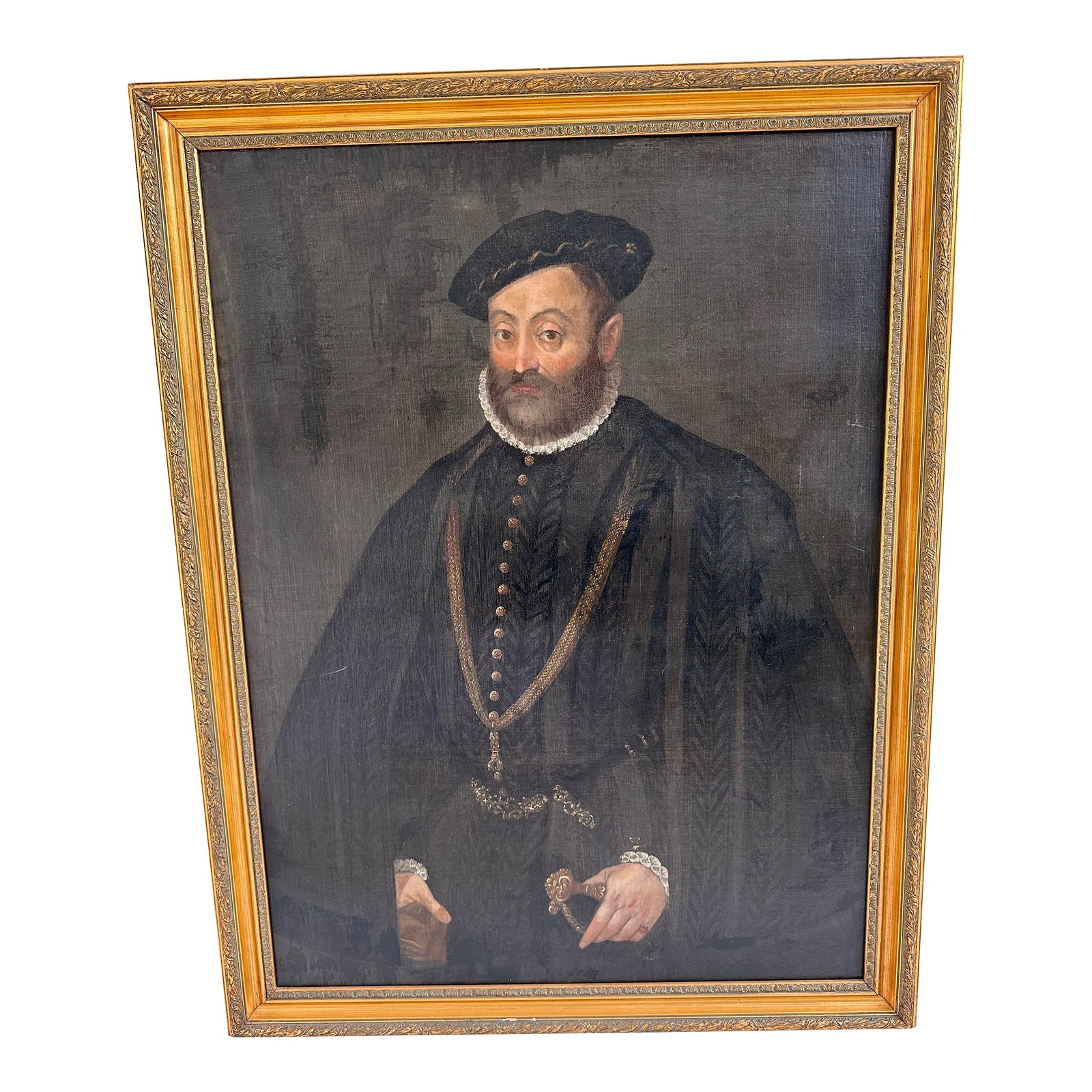 Large-Scale Late 19th-Early 20th Century European Historicist Portrait Painting: Very large late 19th to early 20th century European oil portrait painted in the Renaissance revival (historicist) style. Statement piece. The composition depicts a richly dressed gentleman wearing a b