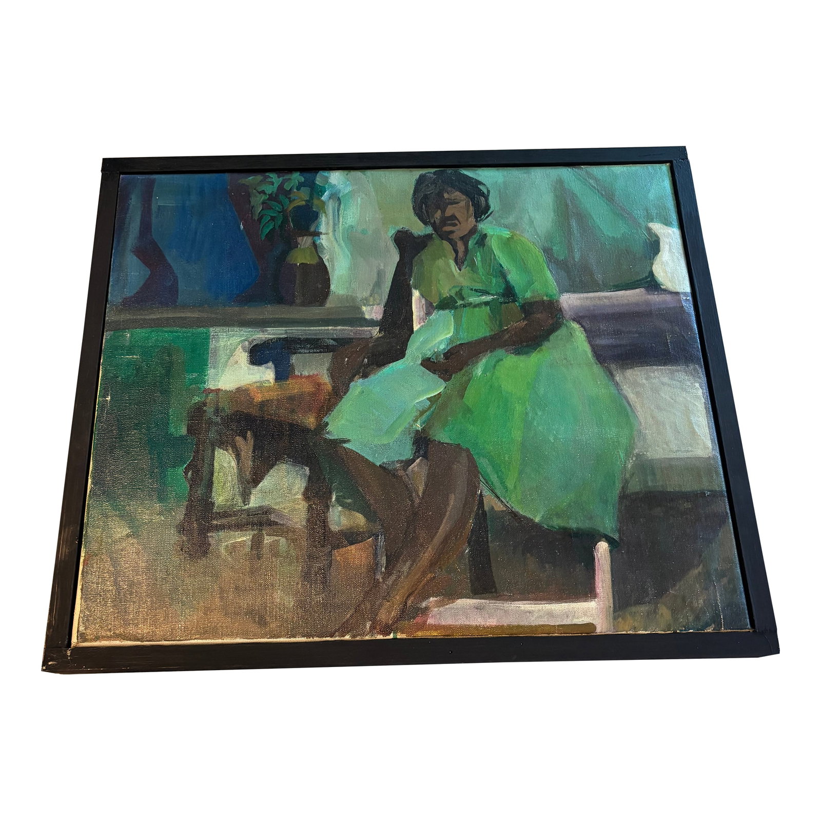 Original Mid-Century California Modernist Oil Painting - Woman in Green Dress: A remarkable original mid-century California modernist oil painting, depicting a seated woman in a luminous green dress rendered with striking confidence and restraint. The artist's expressive