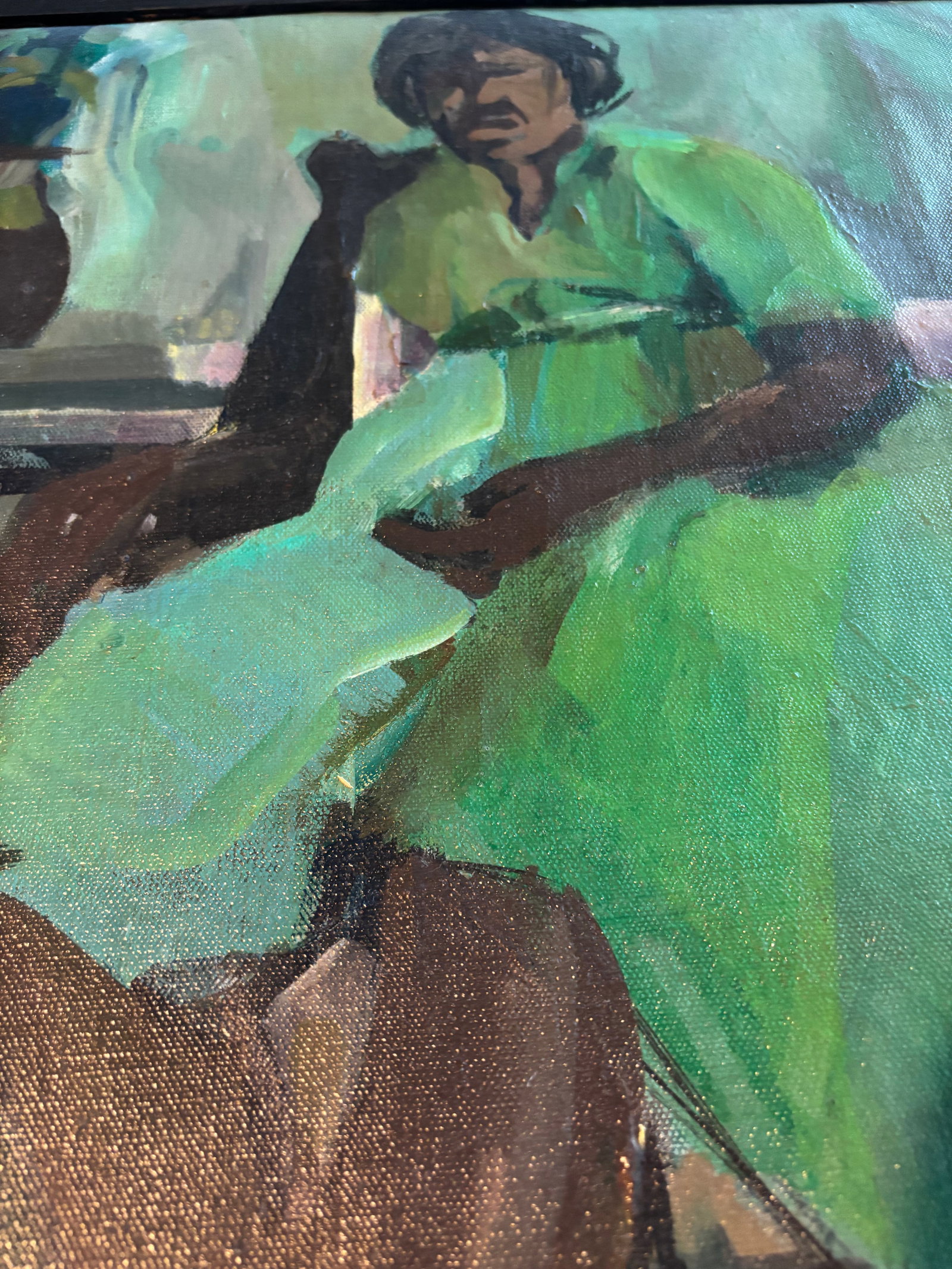 Original Mid-Century California Modernist Oil Painting - Woman in Green Dress - 2