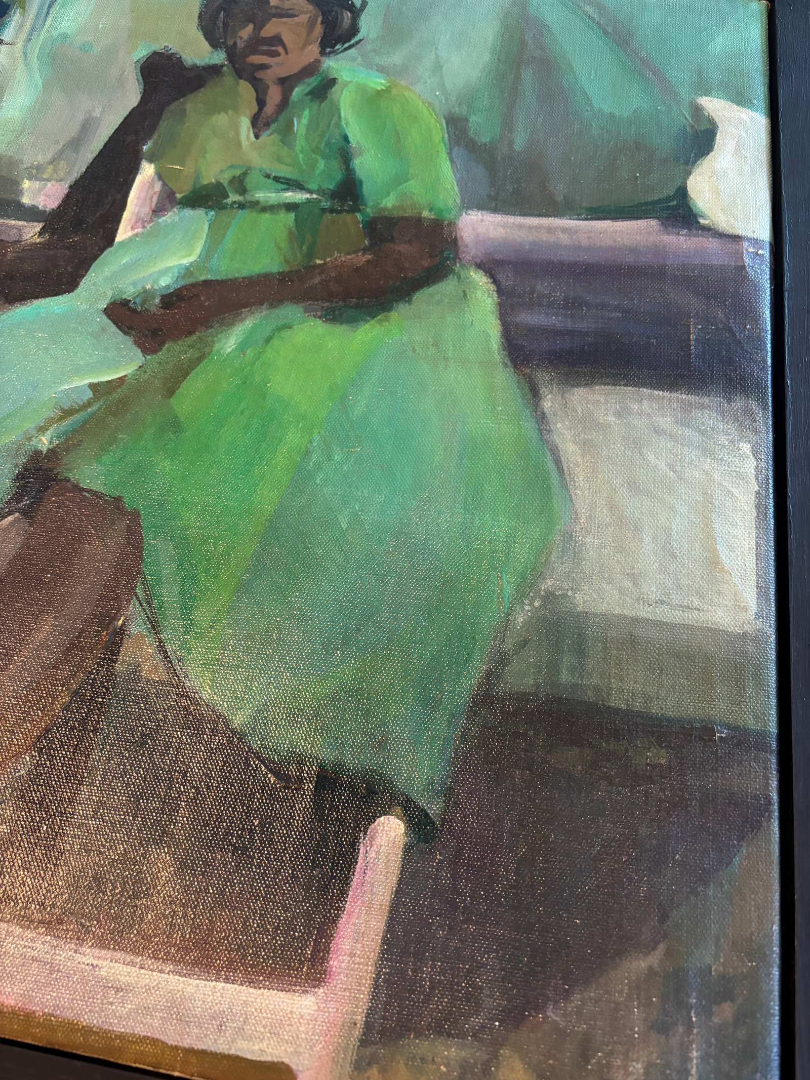 Original Mid-Century California Modernist Oil Painting - Woman in Green Dress - 3