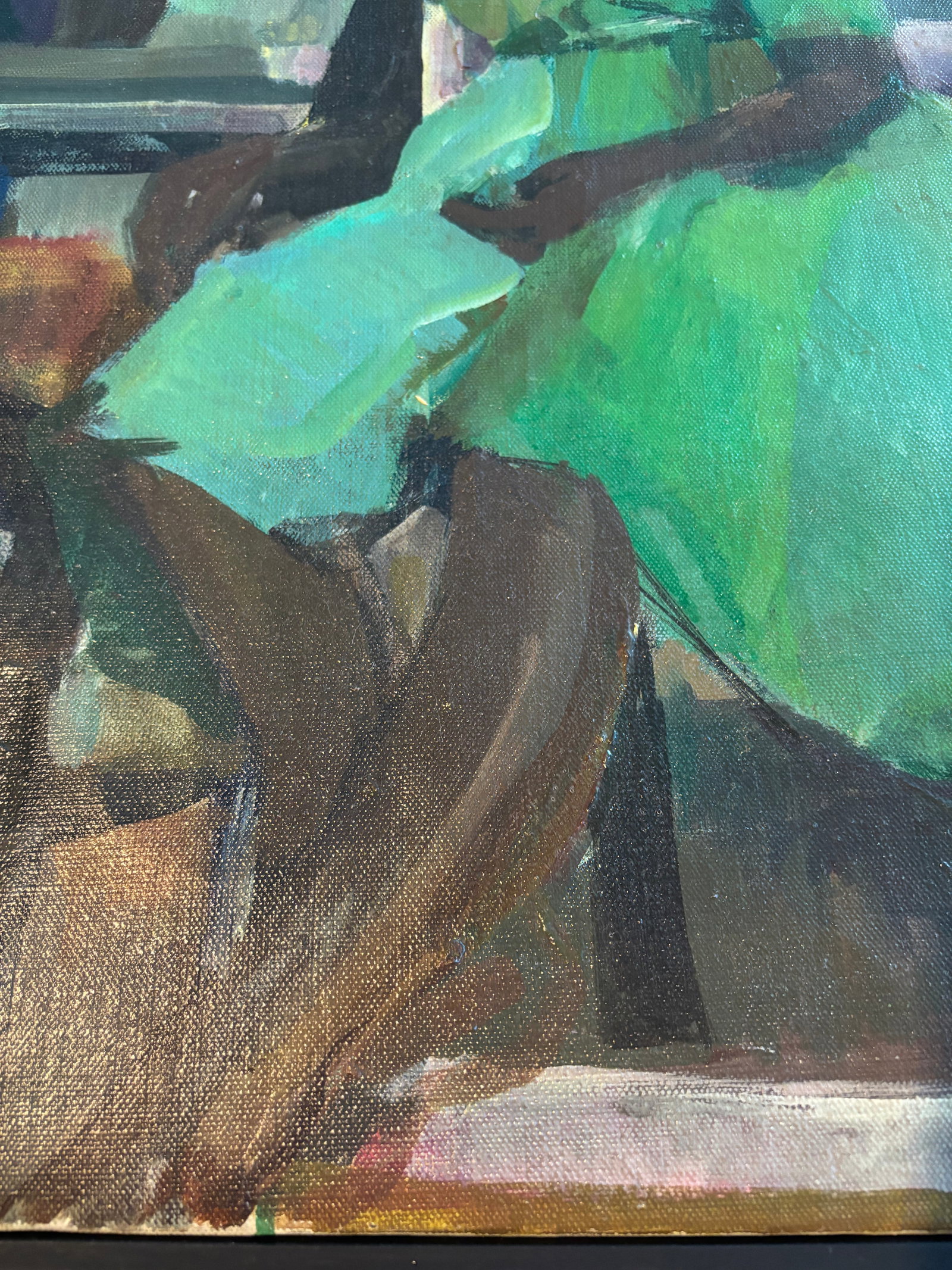 Original Mid-Century California Modernist Oil Painting - Woman in Green Dress - 8