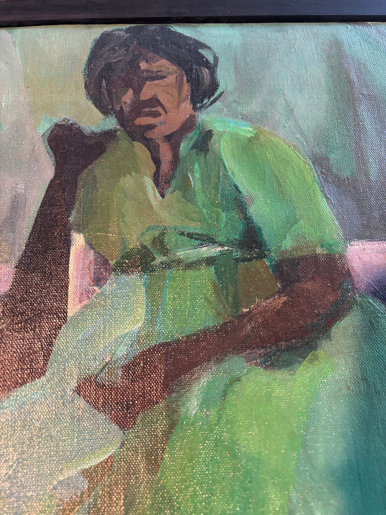 Original Mid-Century California Modernist Oil Painting - Woman in Green Dress - 9