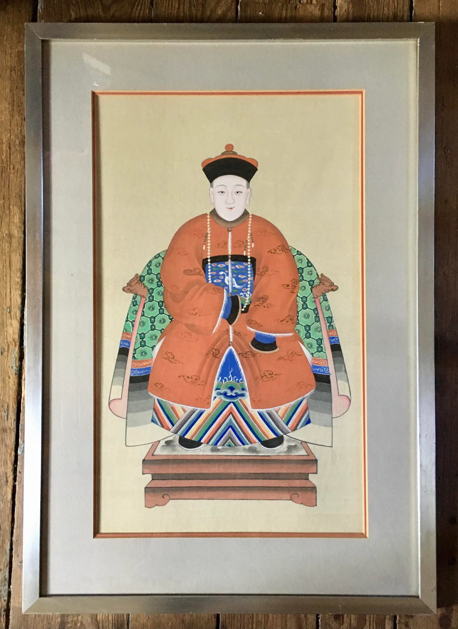 Antique Chinese Ancestor Portrait in Silver Leaf Frame - 2