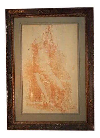 Early 19th Century Seated Male Red Chalk Study Drawing, Framed: An early 19th century academy style drawing of a seated male figure, the figure posed as if reaching for something overhead or pulling a rope. Well-executed and with an interesting composition.