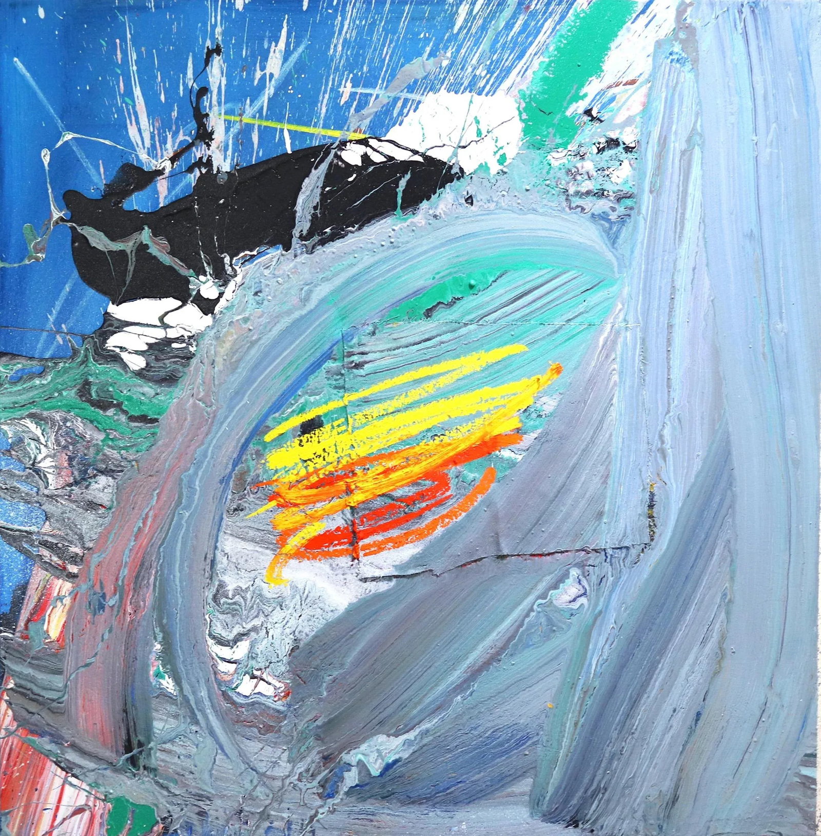 Large Textural Expressive Original Artwork ''Untitled Wave'' Contemporary Abstract Mixed-Media Paint: Painting for Togolese artist Olympio is fearlessly following an instinct. Olympio's work is honest and palpable: exposed, raw, and direct. His work is an unfiltered manifestation of his soul. Bright, 
