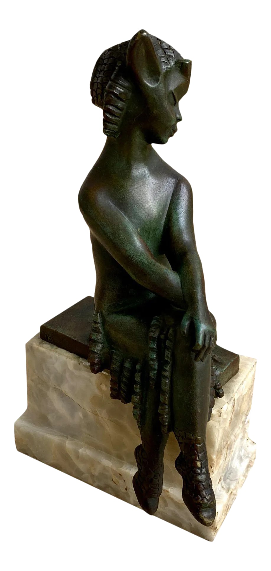 Circa 1920 French Art Deco Seated Bronze Satyr Attributed to Charlotte Monginot: A wonderful French Art Deco bronze depicting a seated satyr. The satyr, sitting on a bronze plinth, is mounted on a white onyx base. The bronze is finely cast and has a rich brown patina with hints