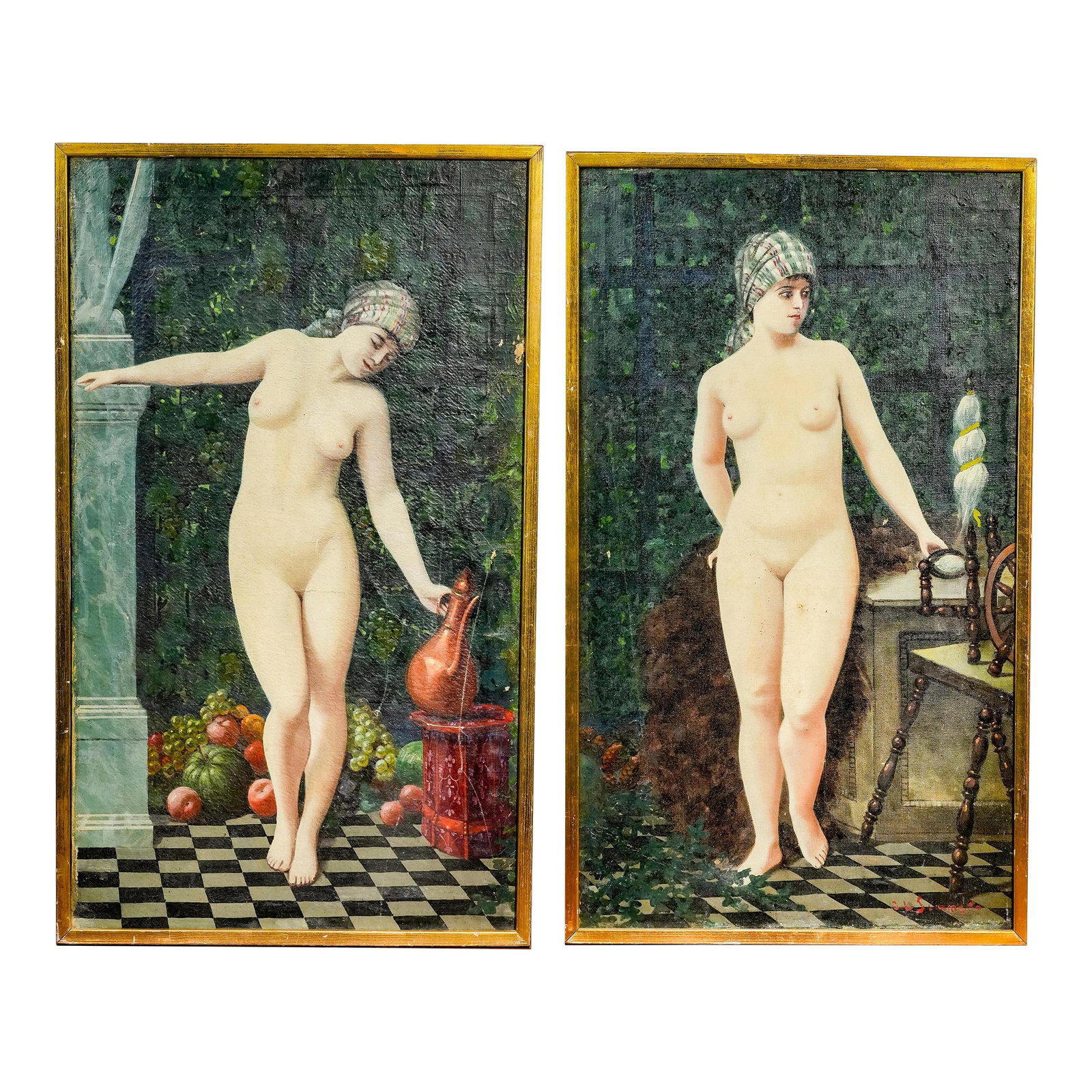 19th Century Romantic Academic Pair Nude Female Woman Antique Oil Paintings Art: A captivating pair of 19th-century oil on canvas paintings, both depicting the same classical female subject in complementary poses. Rendered with remarkable attention to form and composition, these w