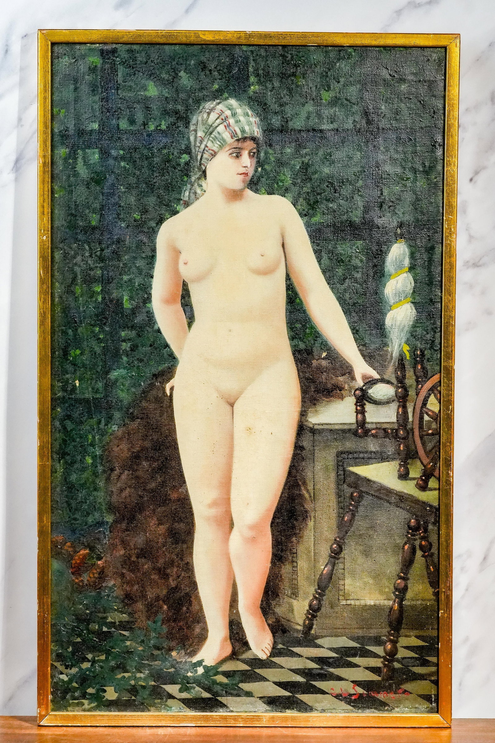 19th Century Romantic Academic Pair Nude Female Woman Antique Oil Paintings Art - 2