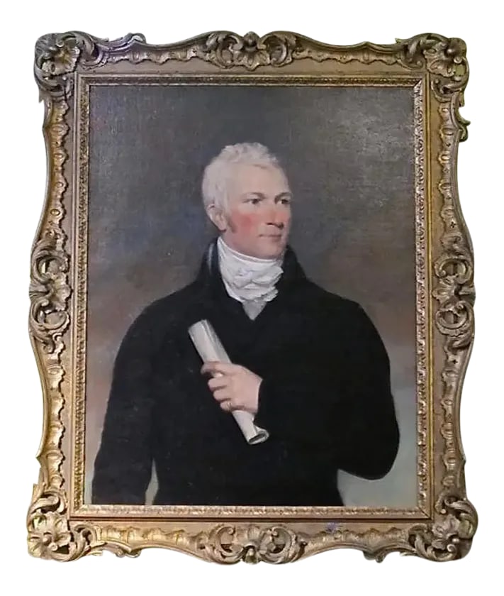 Period Portrait of a Handsome American Gentleman: About Obviously influenced by if not by Gilbert Stuart. A beautiful oil on canvas of an American gentleman. A lawyer, merchant or architect, handsome and scholarly. Holding a scroll in hold which
