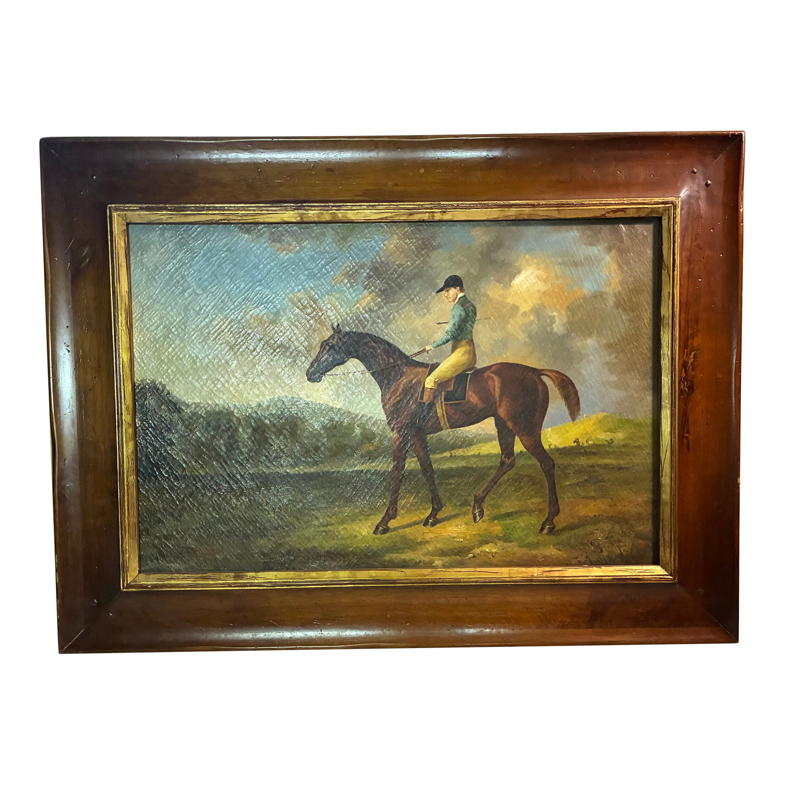 19th Century Eng Equestrian Portrait, Painting: This is a 19th century English equestrian portrait, painting, an oil on canvas Depicting a gentleman or Jockey on a Bay horse the painting captures a horse and rider in profile in a countryside settin