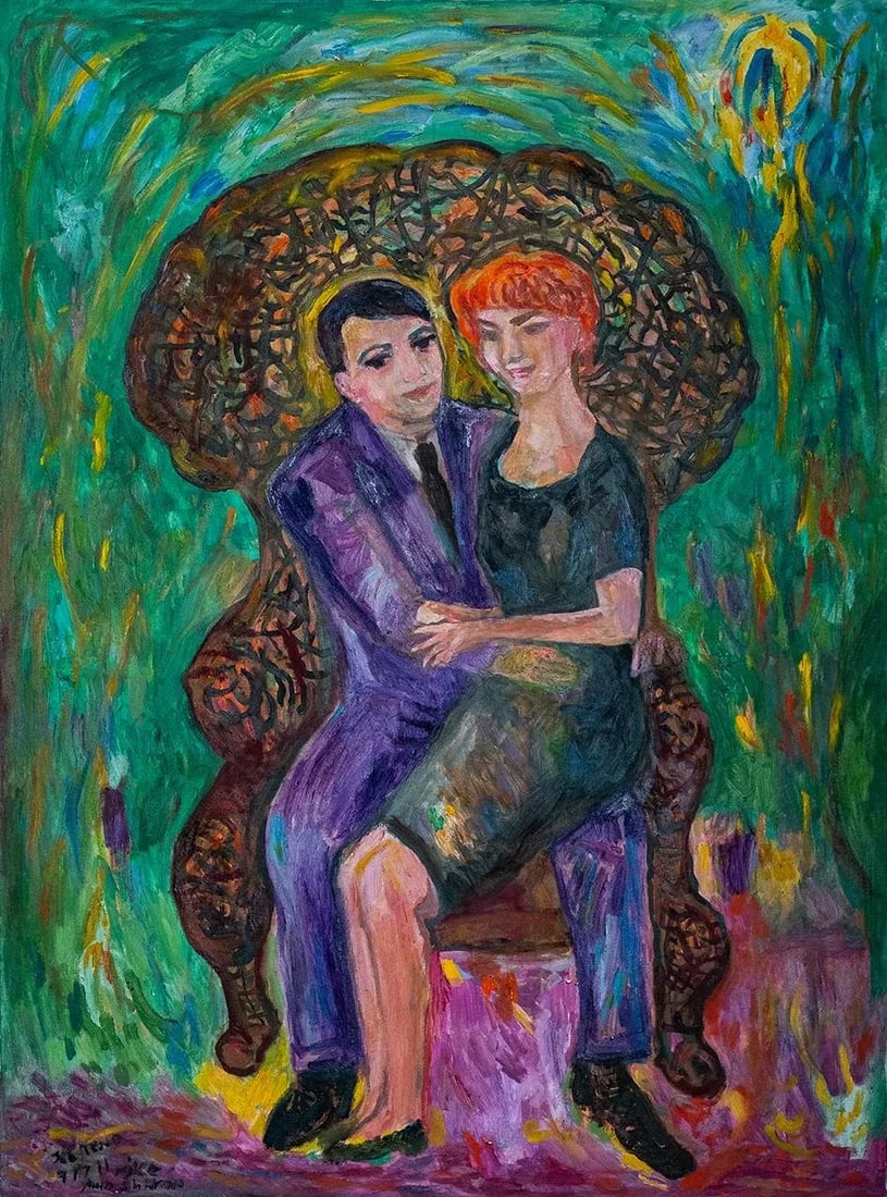 2012 "Michael & Sharon: From a Dream" Expressionist Style Figurative Oil Painting by Joe Reno: This painting depicts an image that Joe Reno saw of his late brother and partner in a dream. The artist stretched the canvas himself on for this painting luminescent painting. It measures 2'11.5" x