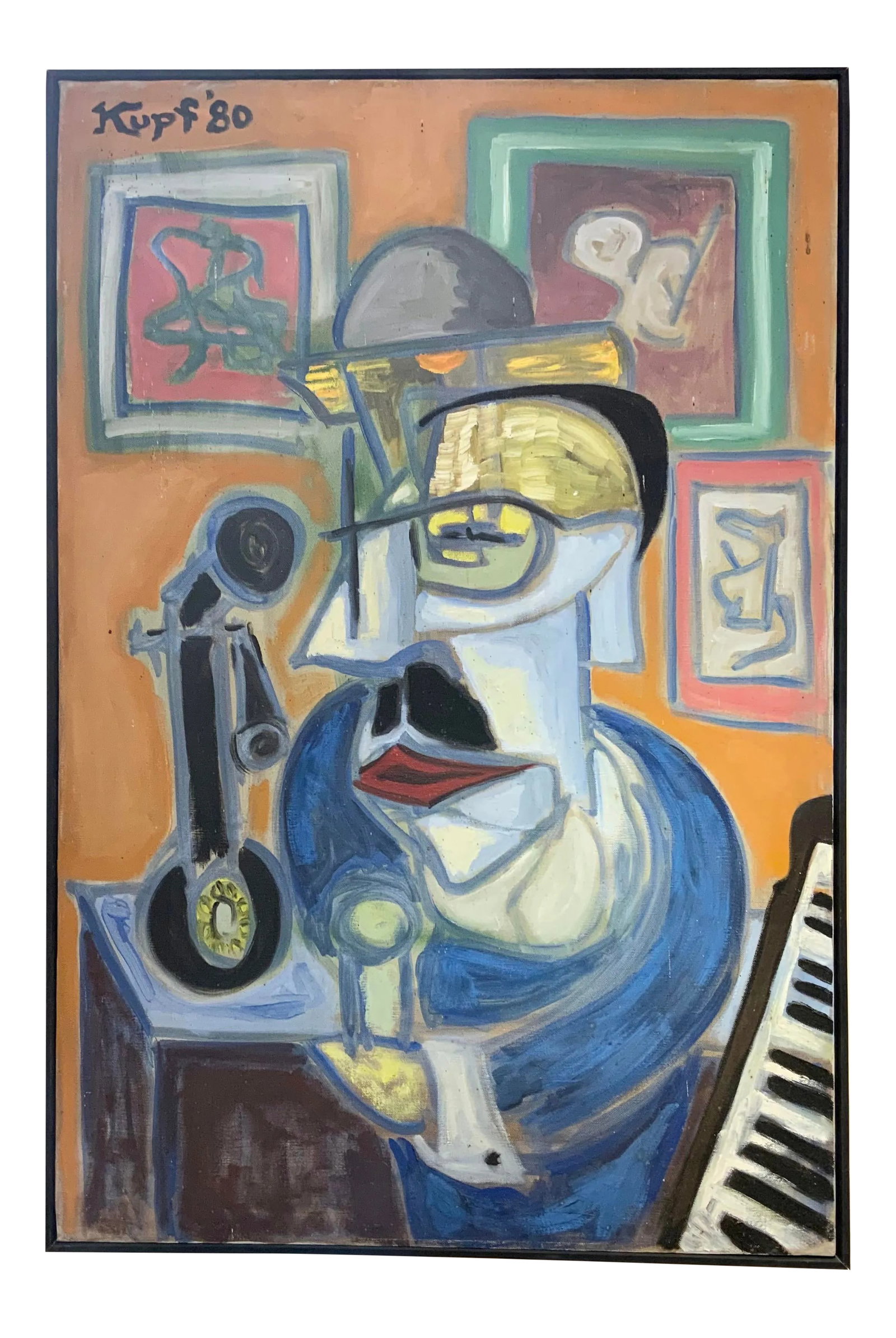 1980 Vintage Abstract Portrait by Meyer Kupferman: Wonderful abstract cubist style portrait by Meyer Kupferman ( American 1926-2003). New York artist , renown jazz musician and composer . Great energy, vibrant colors , signet and dated by artist on to