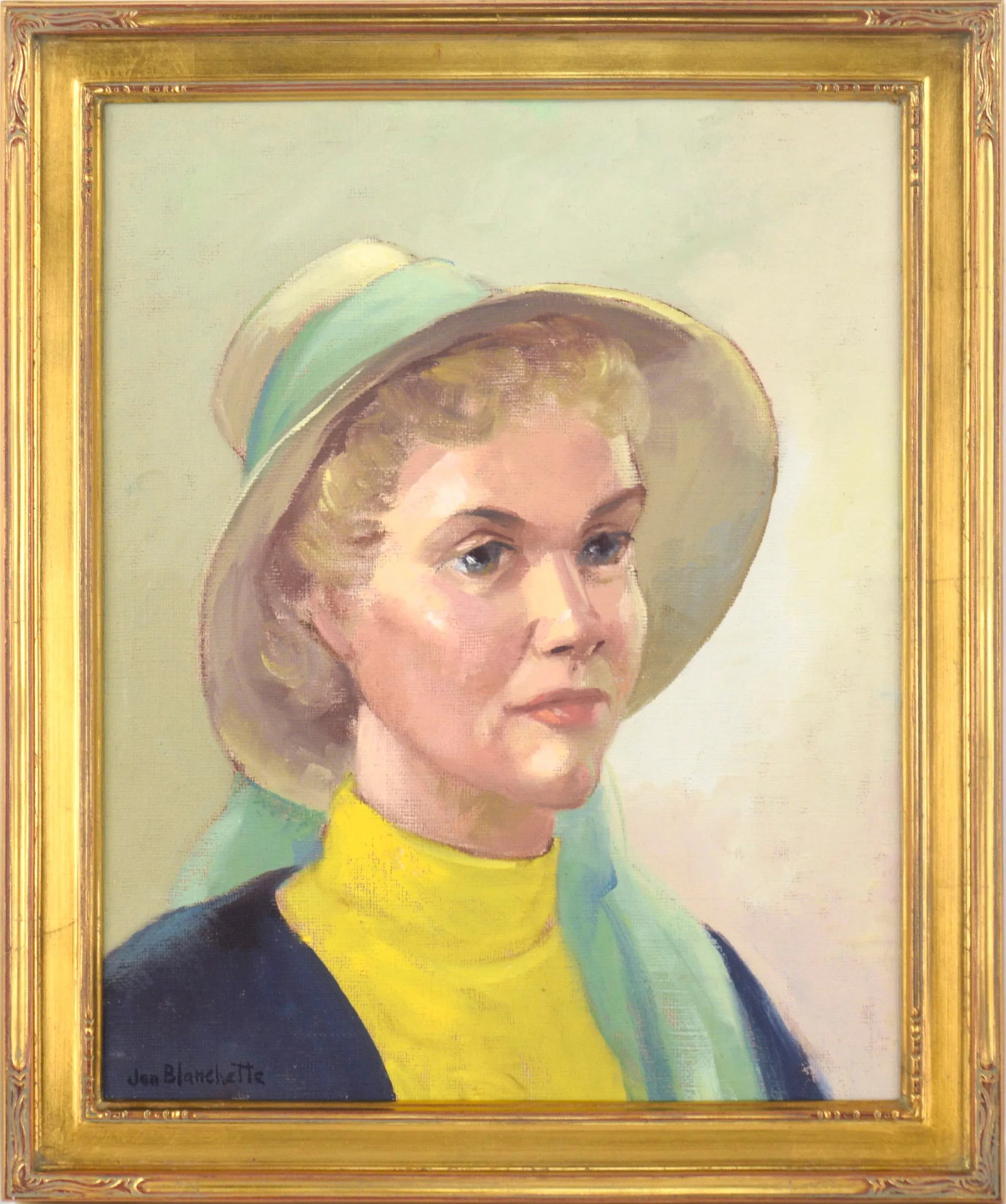 Mid 20th Century Portrait Oil Painting of a Woman Wearing a Sun Hat by Jon Blanchette, Framed: Mid Century portrait of a grey haired woman wearing a sun hat by Jon Blanchette (American, 1908-1987). Rendered his signature style, this portrait is clean and vibrant. The subject is looking off to t