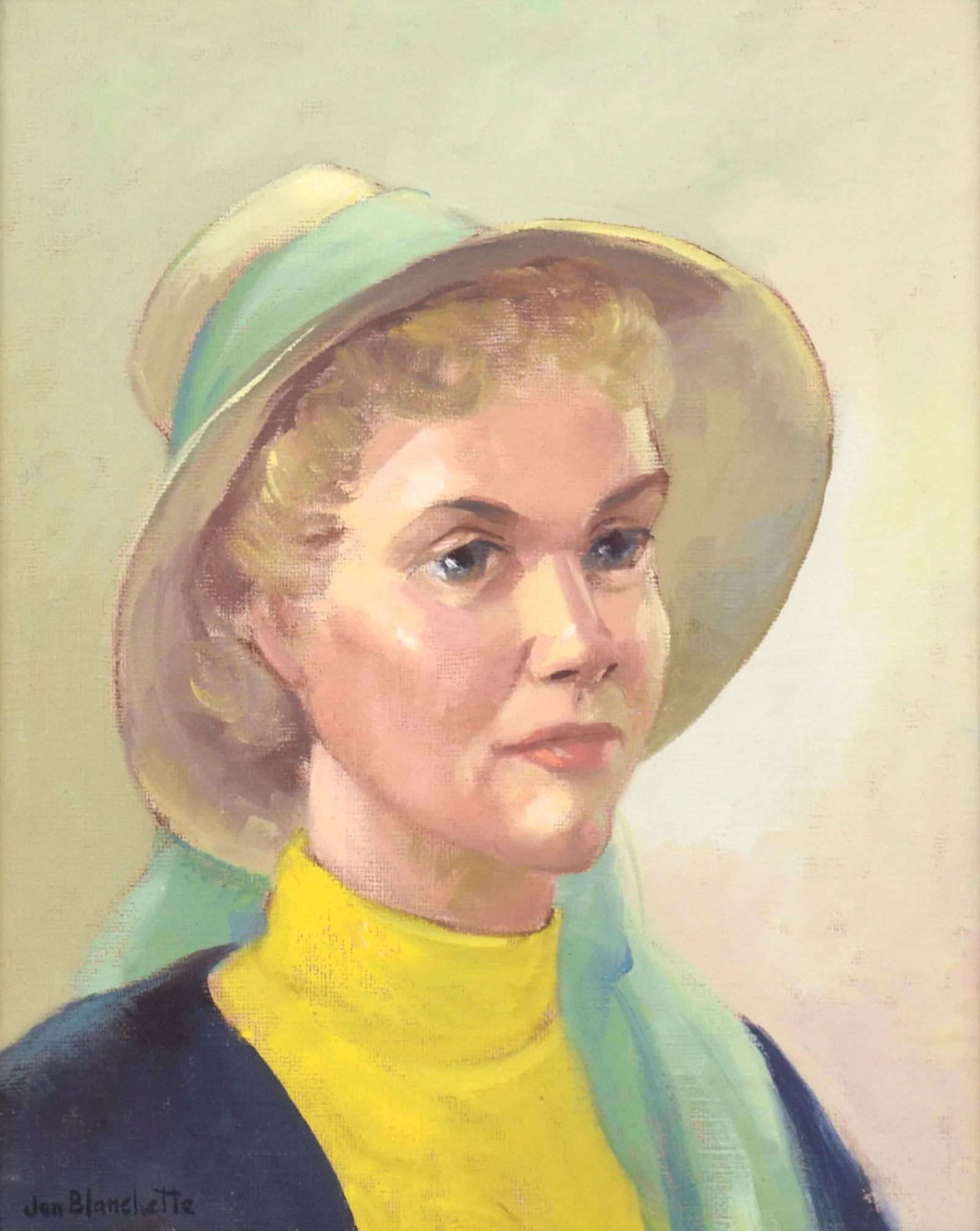 Mid 20th Century Portrait Oil Painting of a Woman Wearing a Sun Hat by Jon Blanchette, Framed - 2