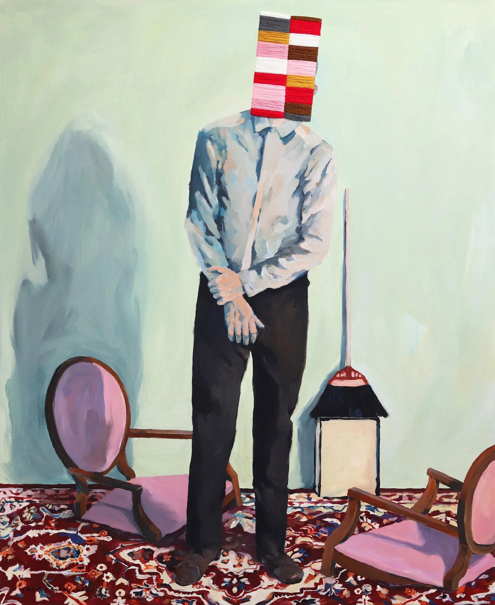 "Drowned Chairs" Contemporary Surrealist Figurative Acrylic Painting by Iqi Qoror: Iqi Qoror's surreal figurative paintings are arresting in their earthy palettes offset by pops of fluorescent textile embroidery. His artworks revolve around questions of trust, interspersed with frag