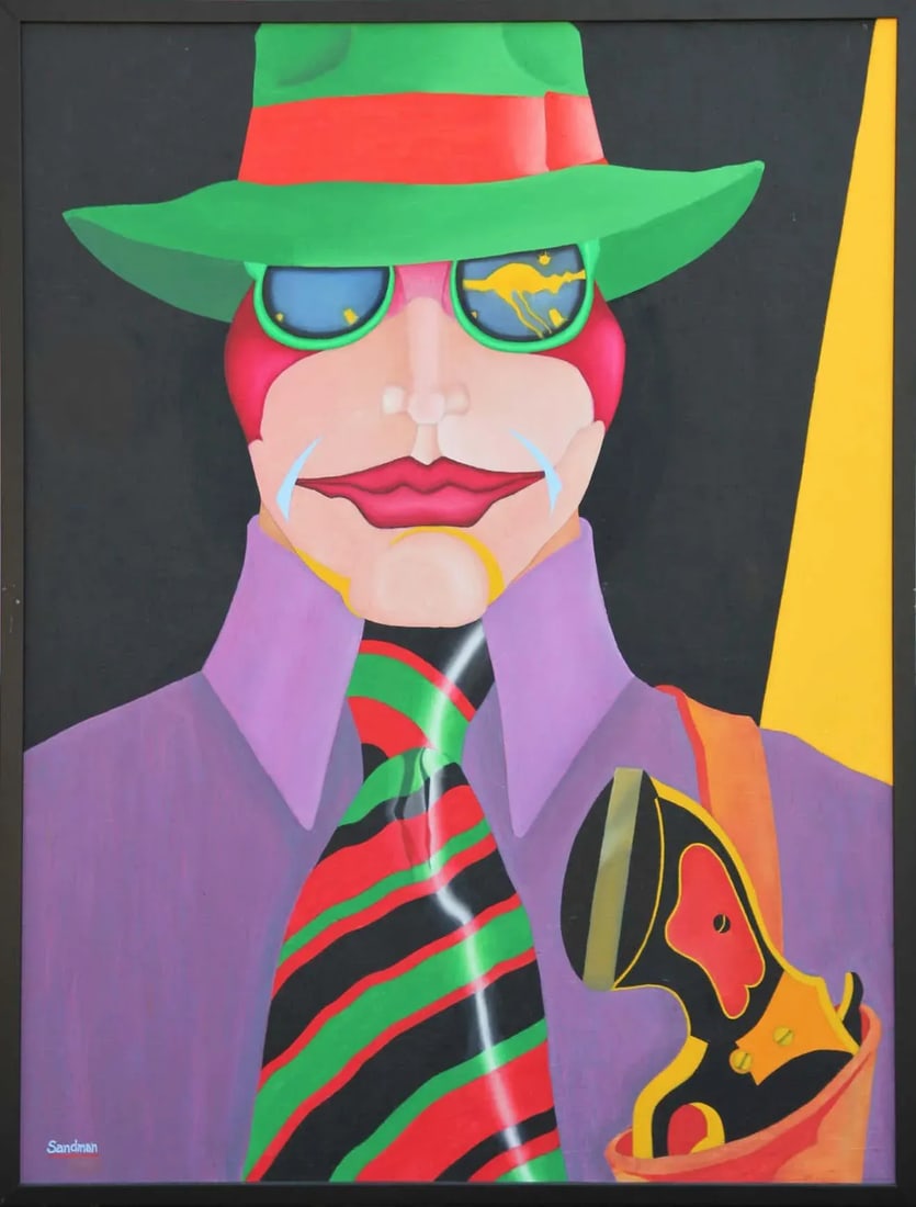 1980s "The Blackhand" Abstract Modern Pop Art Portrait Painting by Robert Sandman, Framed: Colorful abstract modern portrait painting of an evil man by Texas artist Robert Sandman. As the artist explains, "The Black Hand, or La Mano Nera in Italian, was an unorganized, secret criminal and