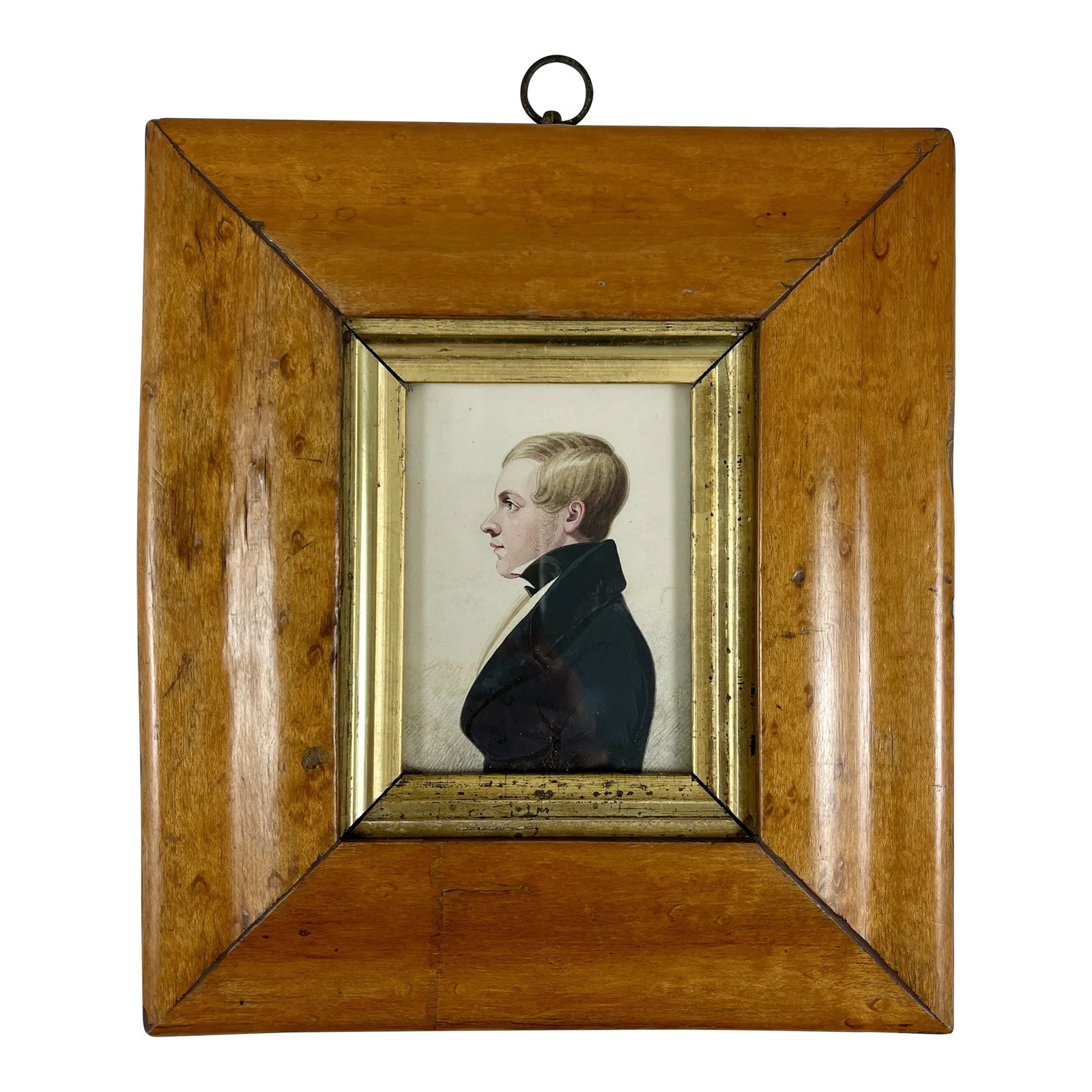 English Regency Period Original Watercolor Fruitwood Frame Portrait of a Young Man: An original British School Regency Period watercolor portrait, mounted in a Georgian Period fruitwood frame - Dated 1834. A charming painting, even better in person. These watercolors were largely