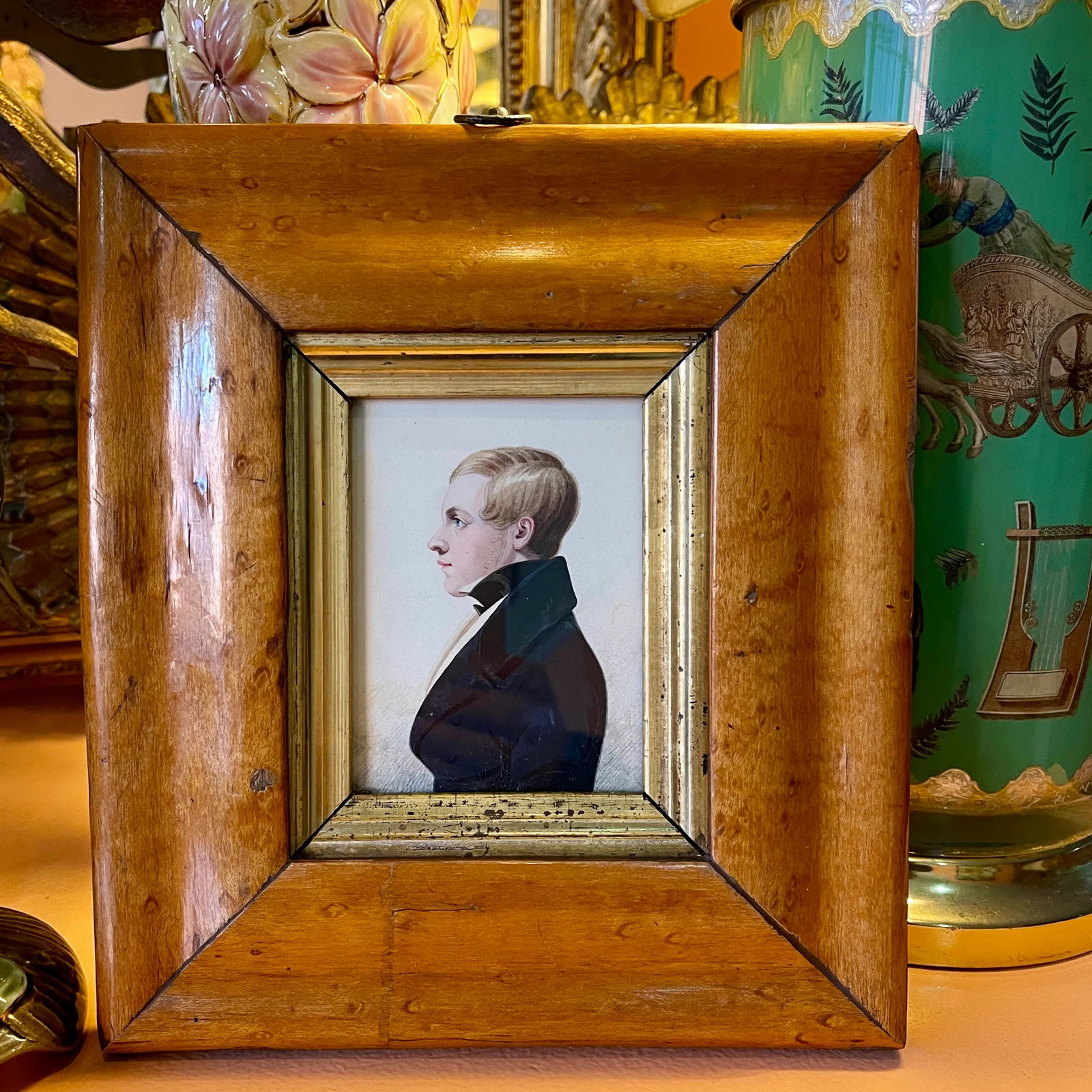 English Regency Period Original Watercolor Fruitwood Frame Portrait of a Young Man - 2
