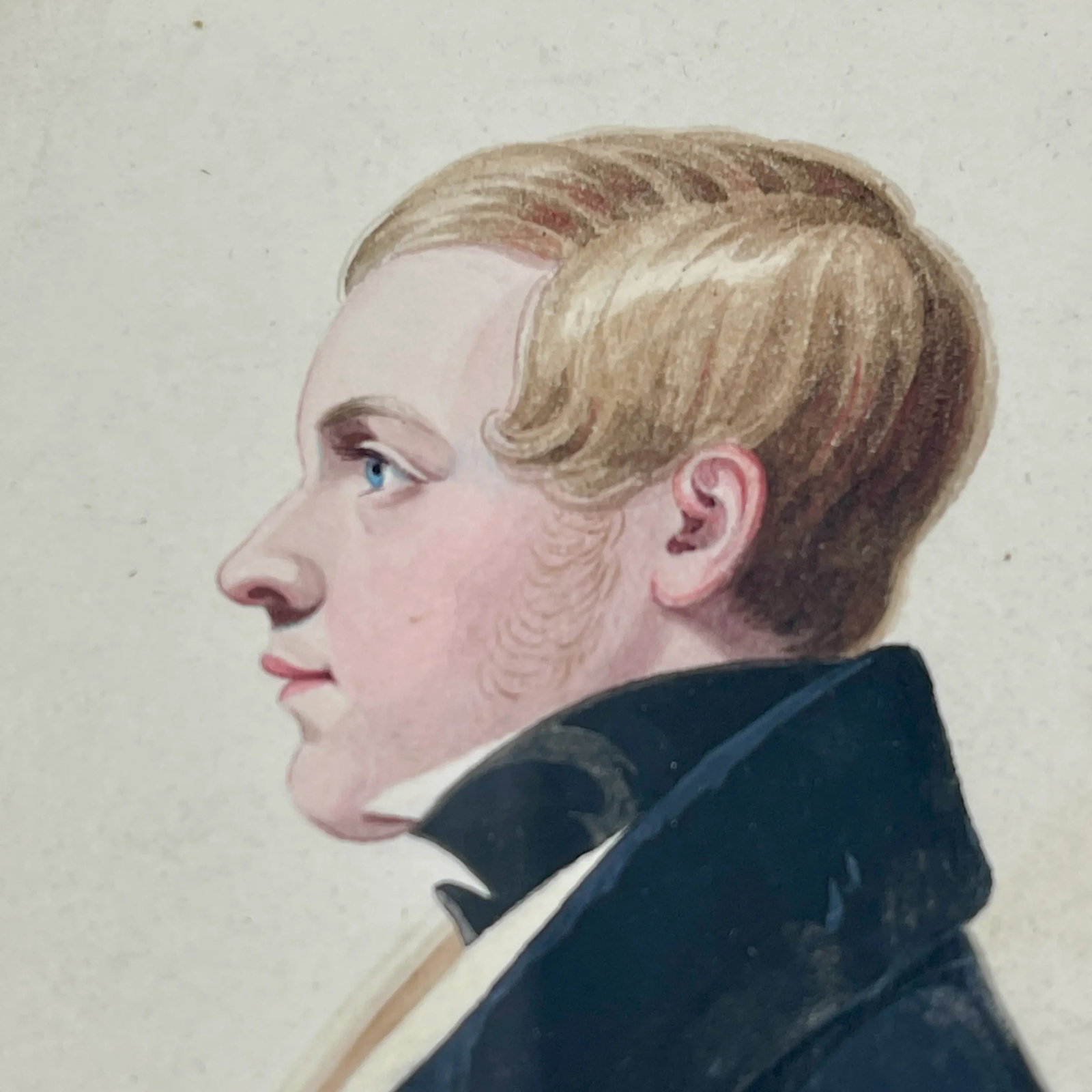 English Regency Period Original Watercolor Fruitwood Frame Portrait of a Young Man - 3