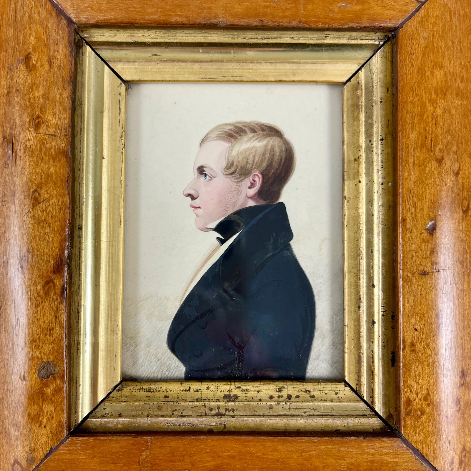 English Regency Period Original Watercolor Fruitwood Frame Portrait of a Young Man - 4