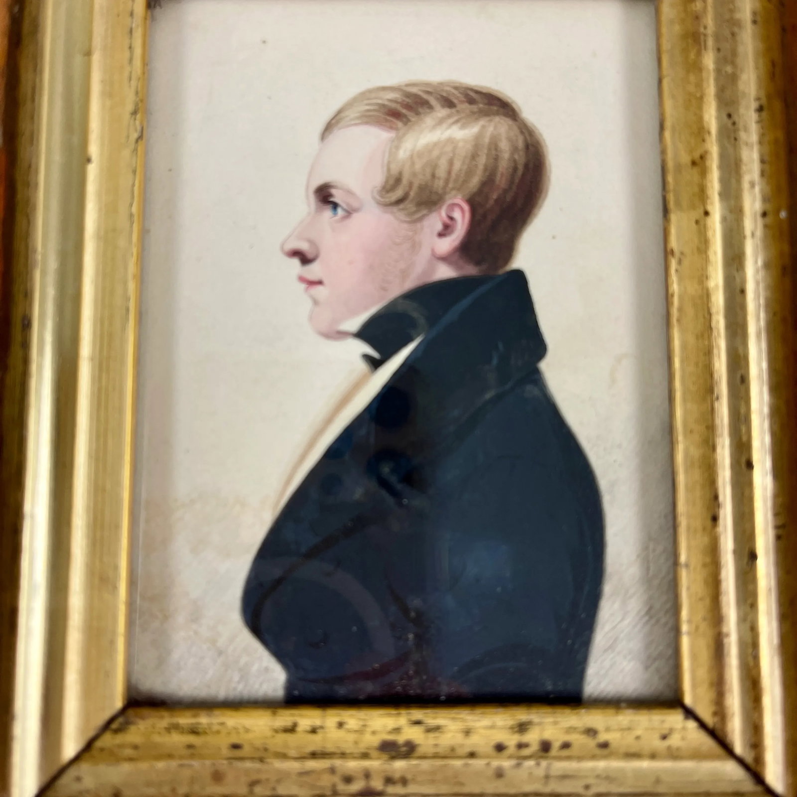 English Regency Period Original Watercolor Fruitwood Frame Portrait of a Young Man - 5