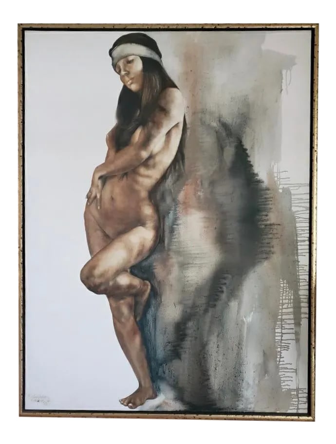 1970s Figurative Female Nude Portrait Oil Painting by Popo & Ruby Lee, Framed: Original signed Popo & Ruby Lee oil painting, "MADONNA". Still with original owner, purchased at a Nevada art show in the late seventies. Beautiful and rare piece. Condition: Alterations: Original
